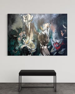 "Garden of Grief", grande abstraction figurative, huile et acrylique sur toile, roses