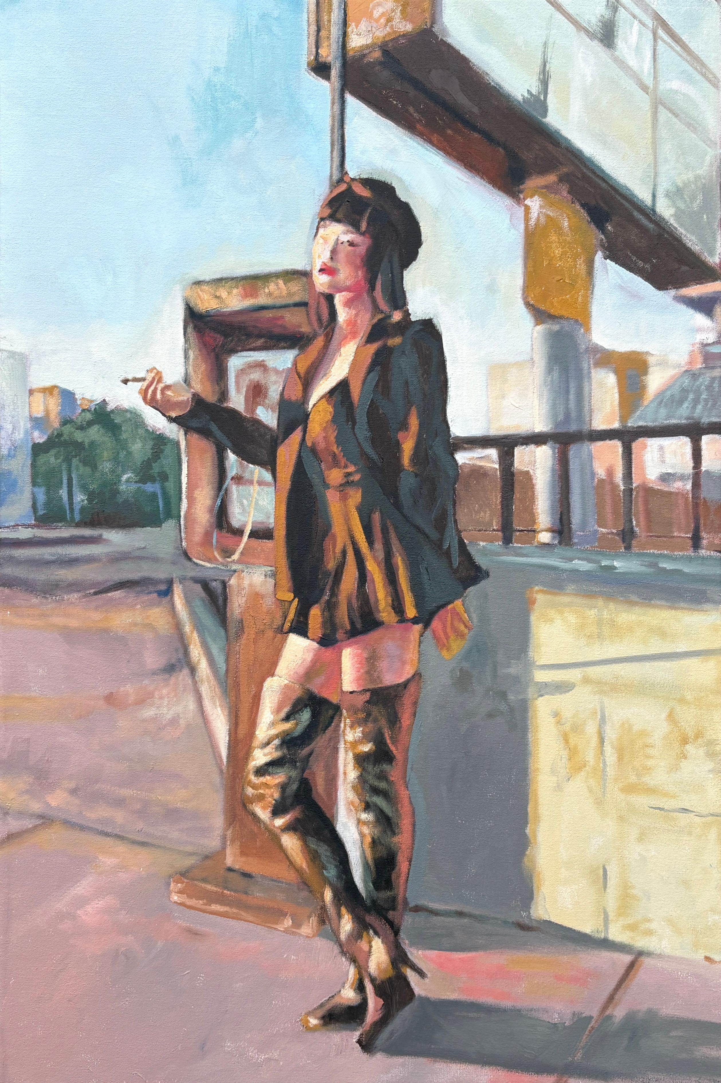 Rizaldy Celi Jr. Figurative Painting – "Girl Waiting" - Zeitgenössischer figurativer Realist - Mädchen in schwarzen Stiefeln, das wartet