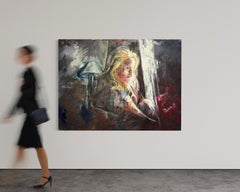"Afuera", Gran pintura al óleo abstracta de retrato figurativo, Mujer sentada vibrante