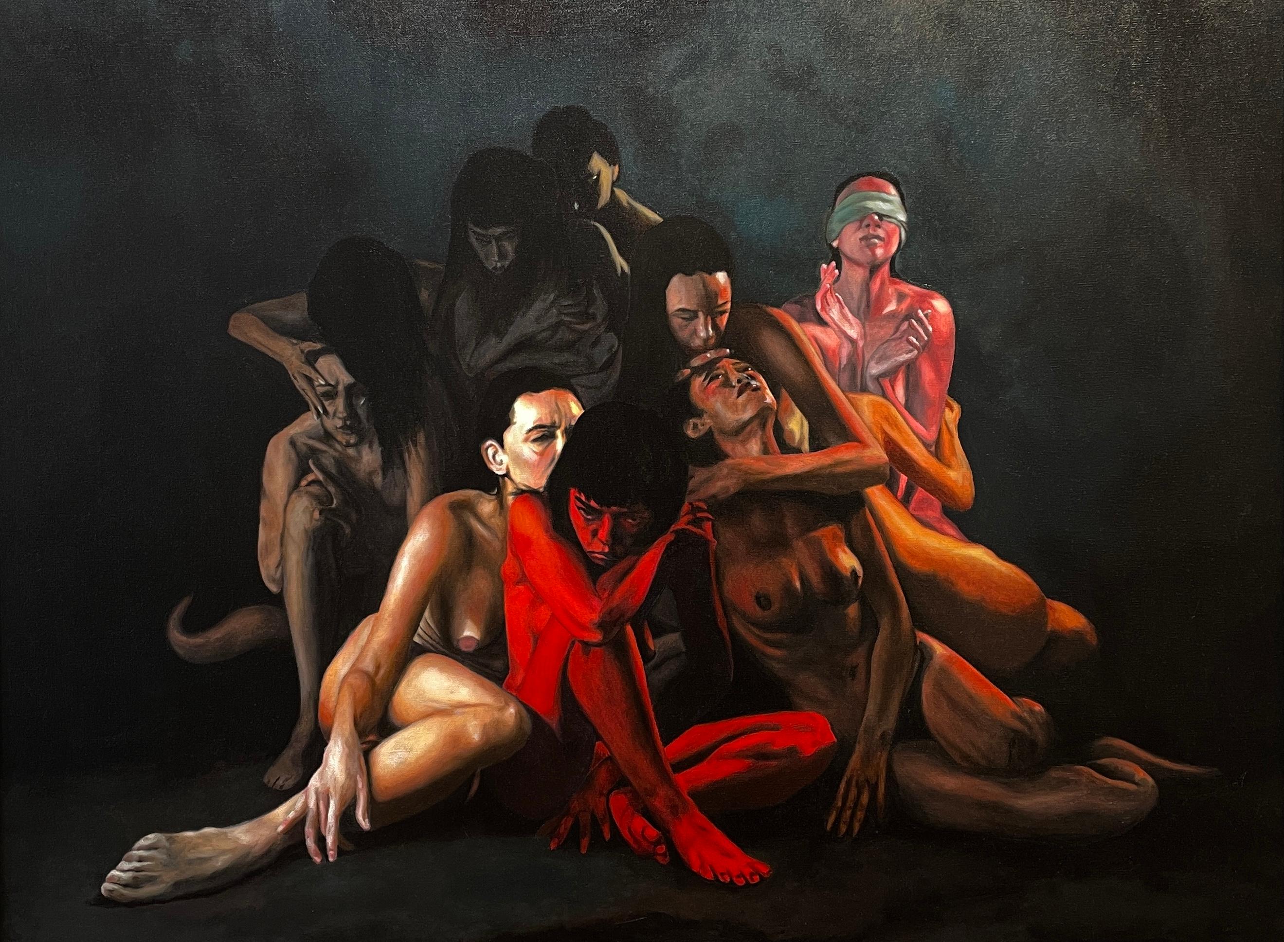 Rizaldy Celi Jr. (Filipino-Vietnamese, born 1983)
"Stages of Grief" 2023
Oil Paint, Canvas, Stretcher Bars
The artist signed the back of the painting.

In "Stages of Grief", Rizaldy delves into the emotional depth of human suffering and loss,