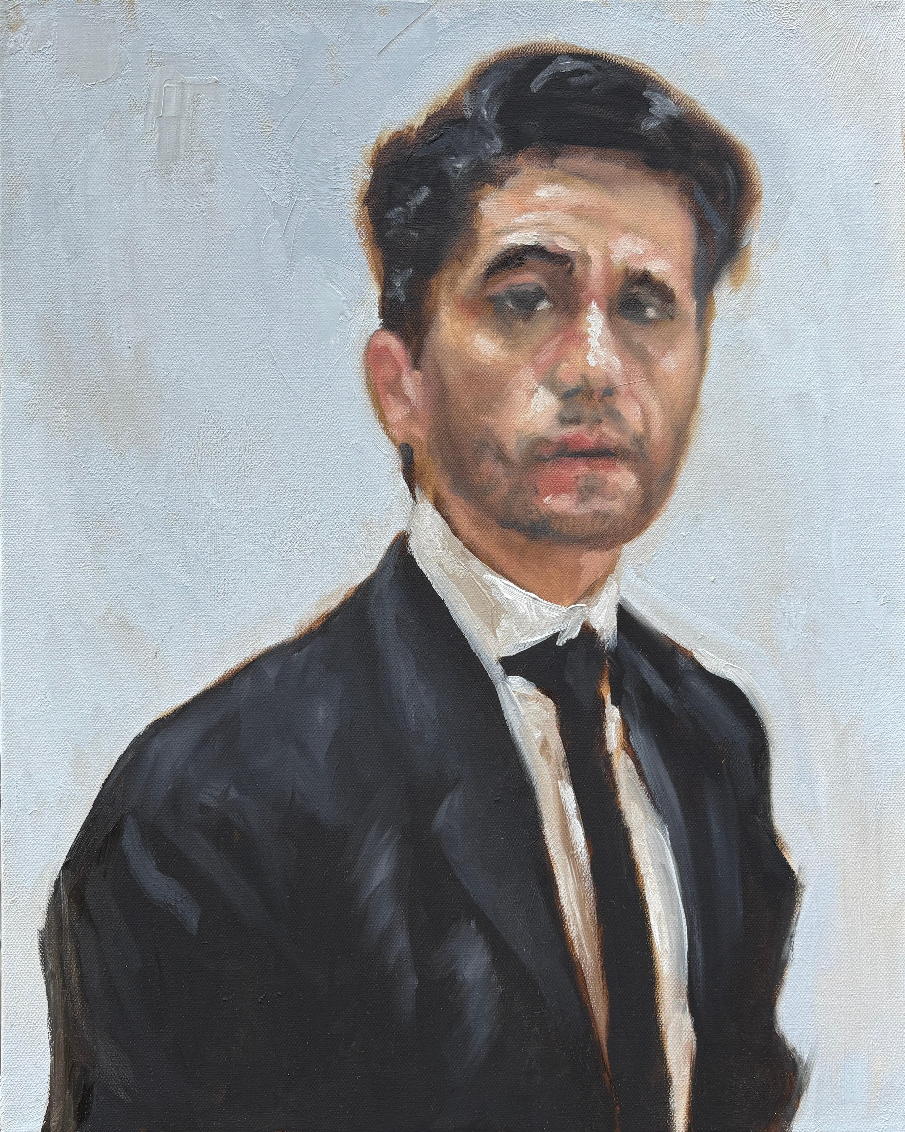 Rizaldy Celi Jr. Portrait Painting - "The Actor" by Rizaldy - Contemporary Realist Portrait of a Man in a Black Suit