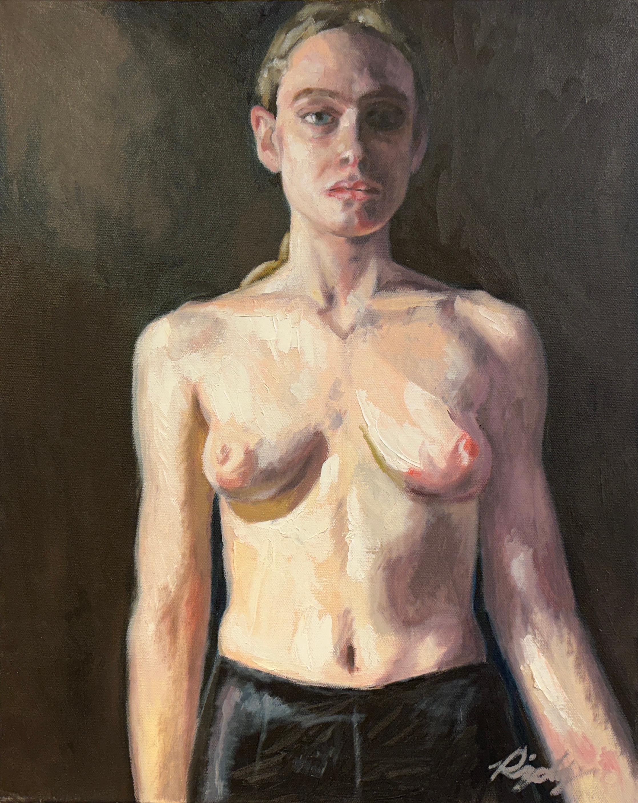 "La chica de las cicatrices" de Rizaldy - Pintura al óleo de desnudo figurativo íntimo