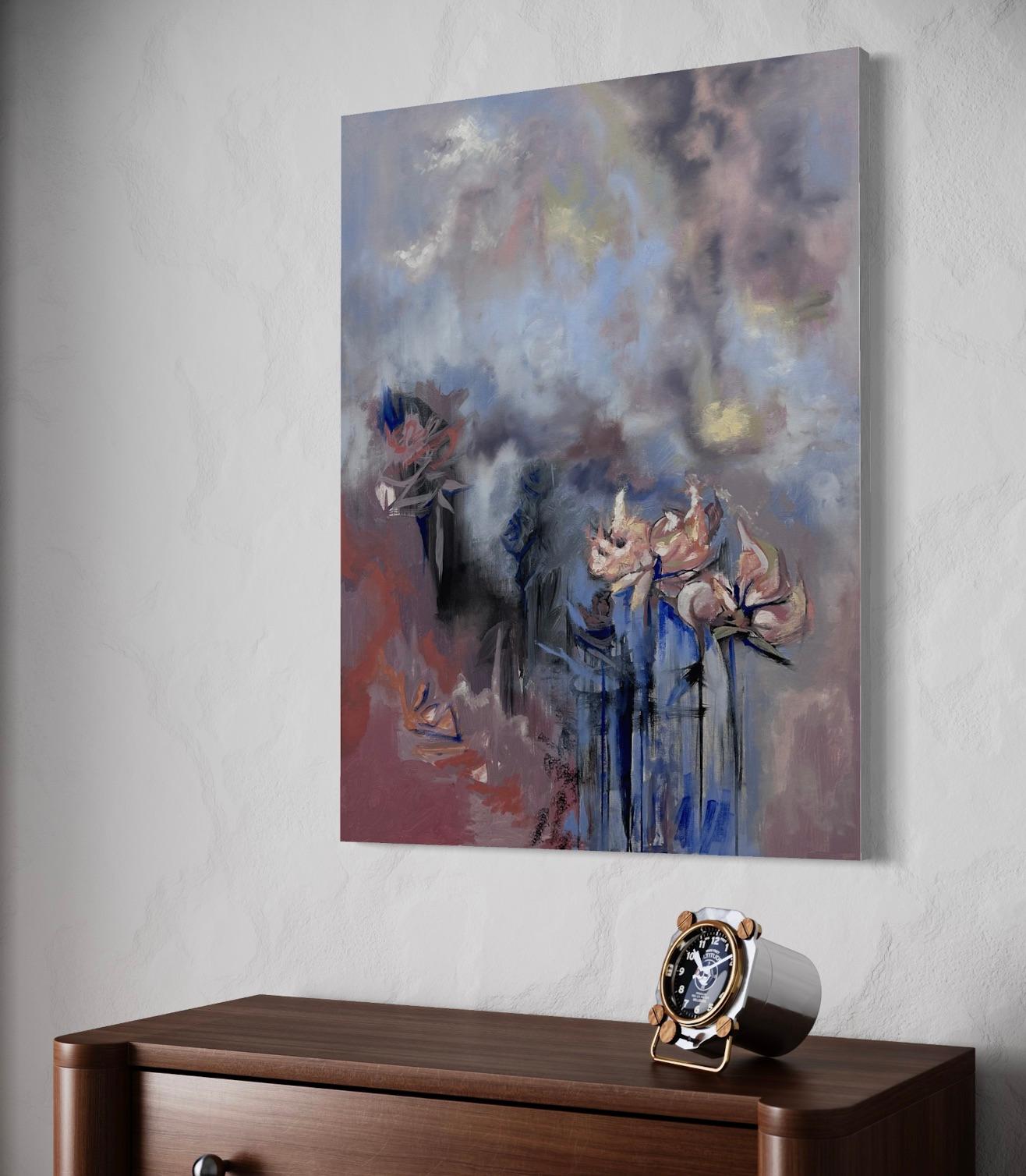 'The Happiest You'll See Them' di Rizaldy - Astratto onirico - Blu e rosa in vendita 9