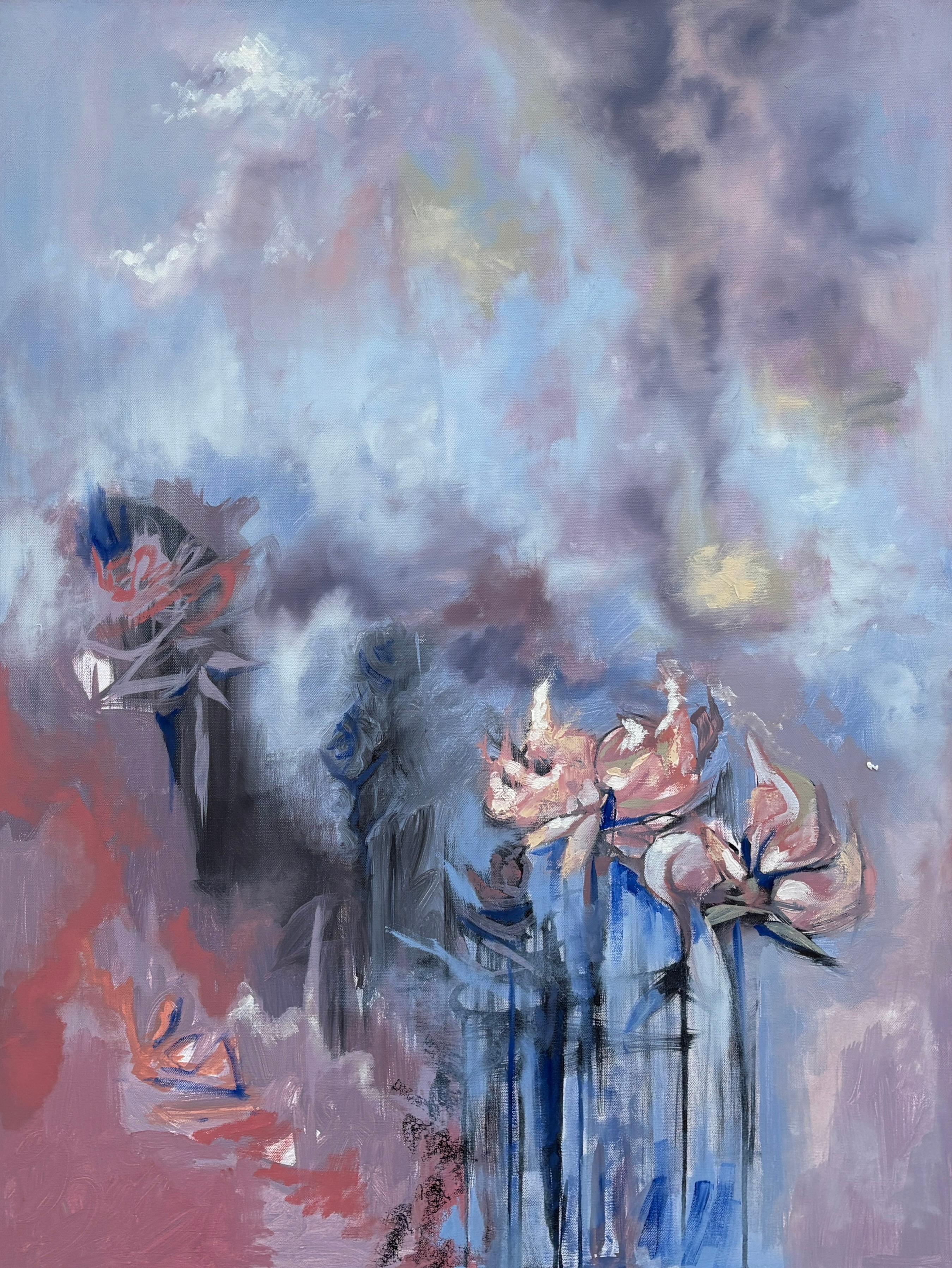 "The Happiest You'll See Them" - Modern Floral Abstract Artwork with Pink, Gray