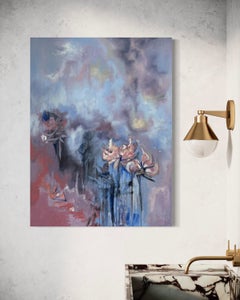 "The Happiest You'll See Them" - Opera d'arte astratta floreale moderna con rosa e grigio