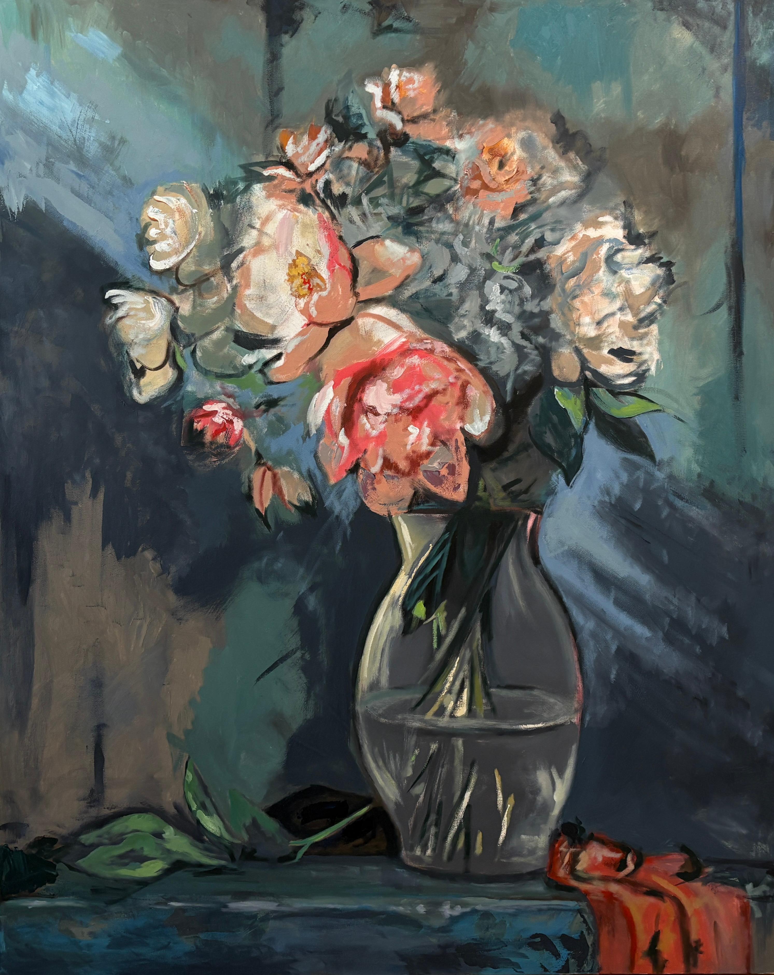 "Grazia senza tempo" di Rizaldy - Quadro Still-Life di grandi dimensioni - Fiori rosa e bianchi