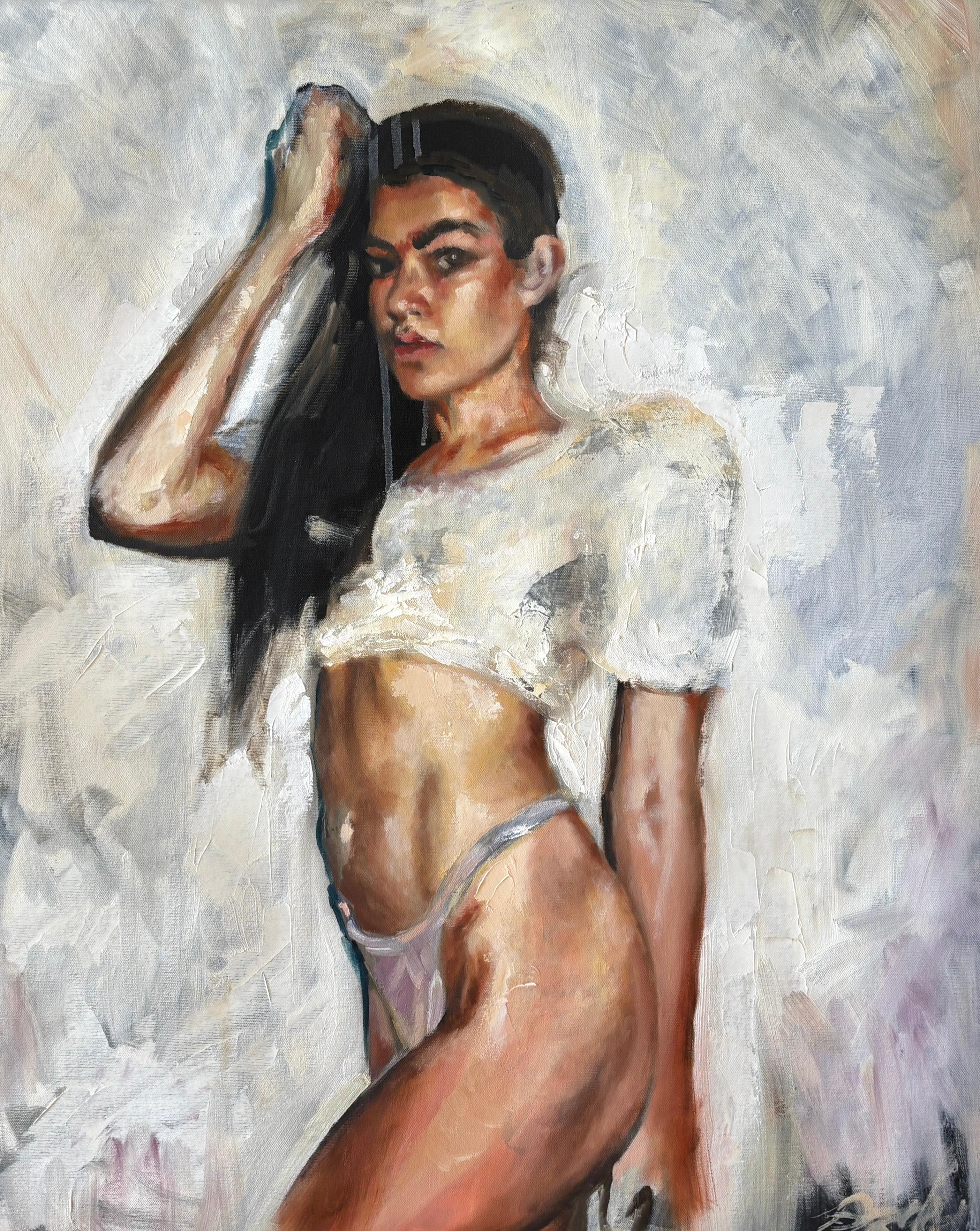 Figurative Painting Rizaldy Celi Jr. - "Untitled" by JR - Contemporary Realism Painting - Femme en lingerie blanche