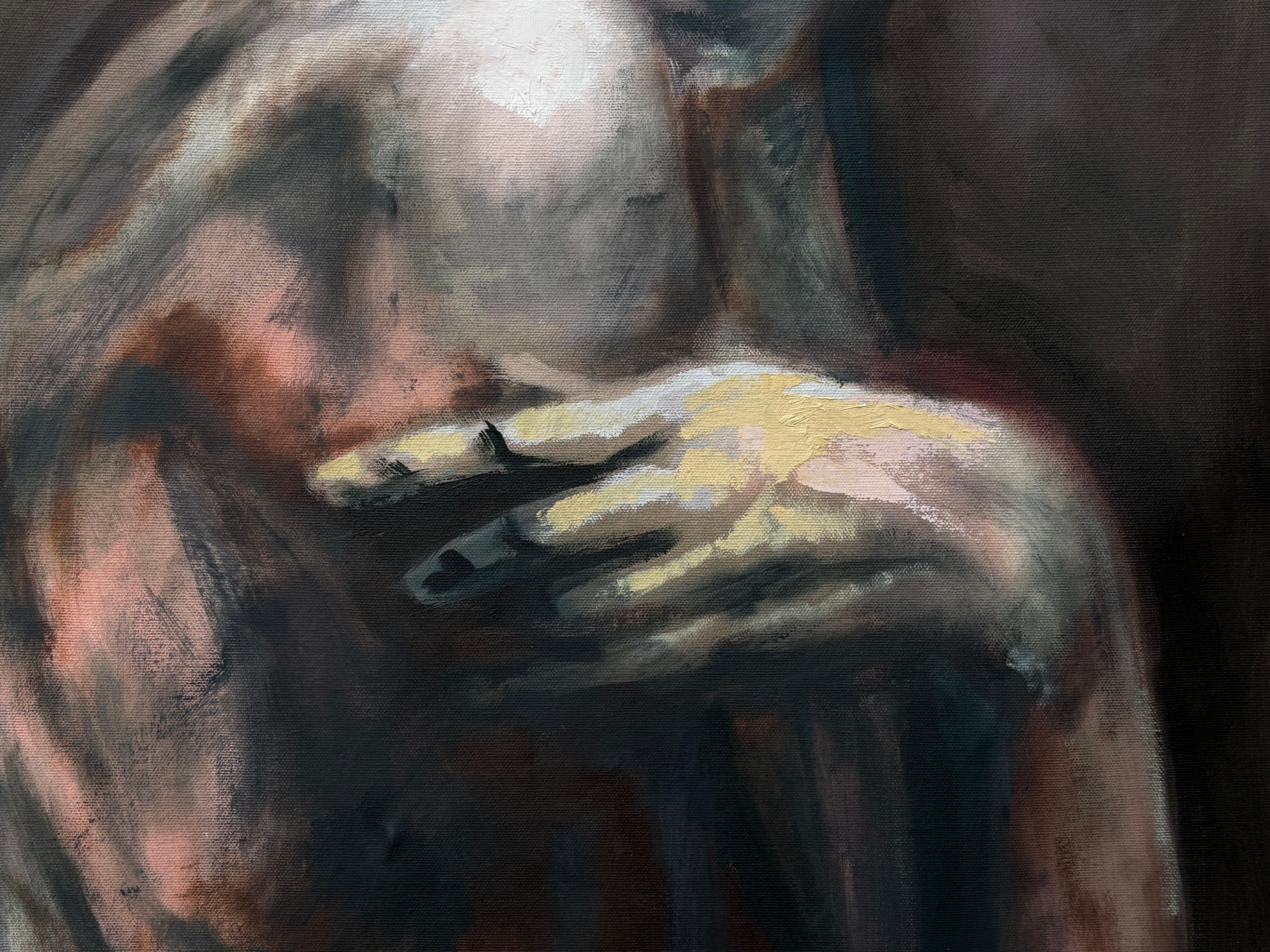 „Ohne Titel“ von Rizaldy Celi Jr. Figuratives Gemälde einer Frau – Dunkles Erdtön-Gemälde einer Frau im Angebot 10