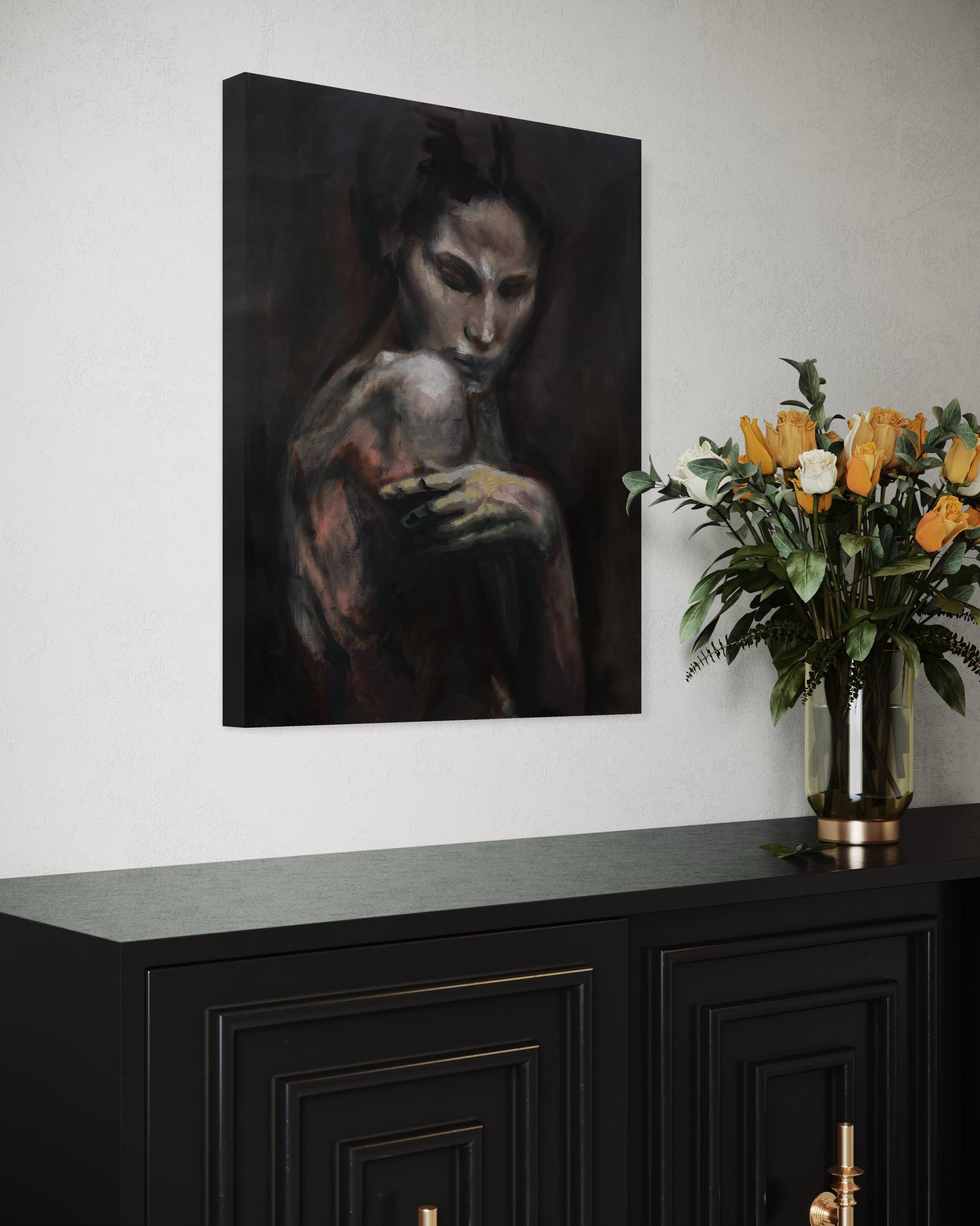 „Ohne Titel“ von Rizaldy Celi Jr. Figuratives Gemälde einer Frau – Dunkles Erdtön-Gemälde einer Frau im Angebot 2