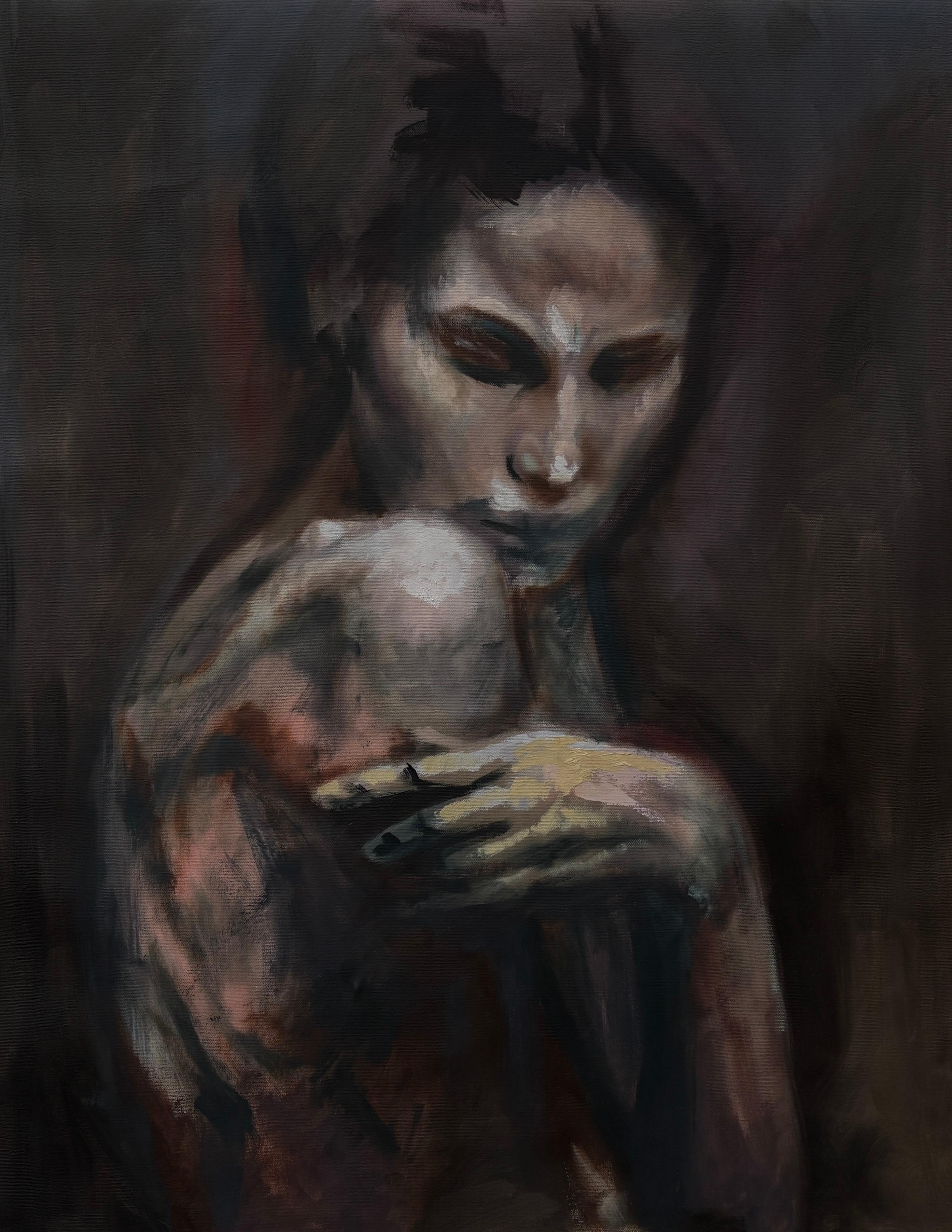 „Ohne Titel“ von Rizaldy Celi Jr. Figuratives Gemälde einer Frau – Dunkles Erdtön-Gemälde einer Frau im Angebot 3