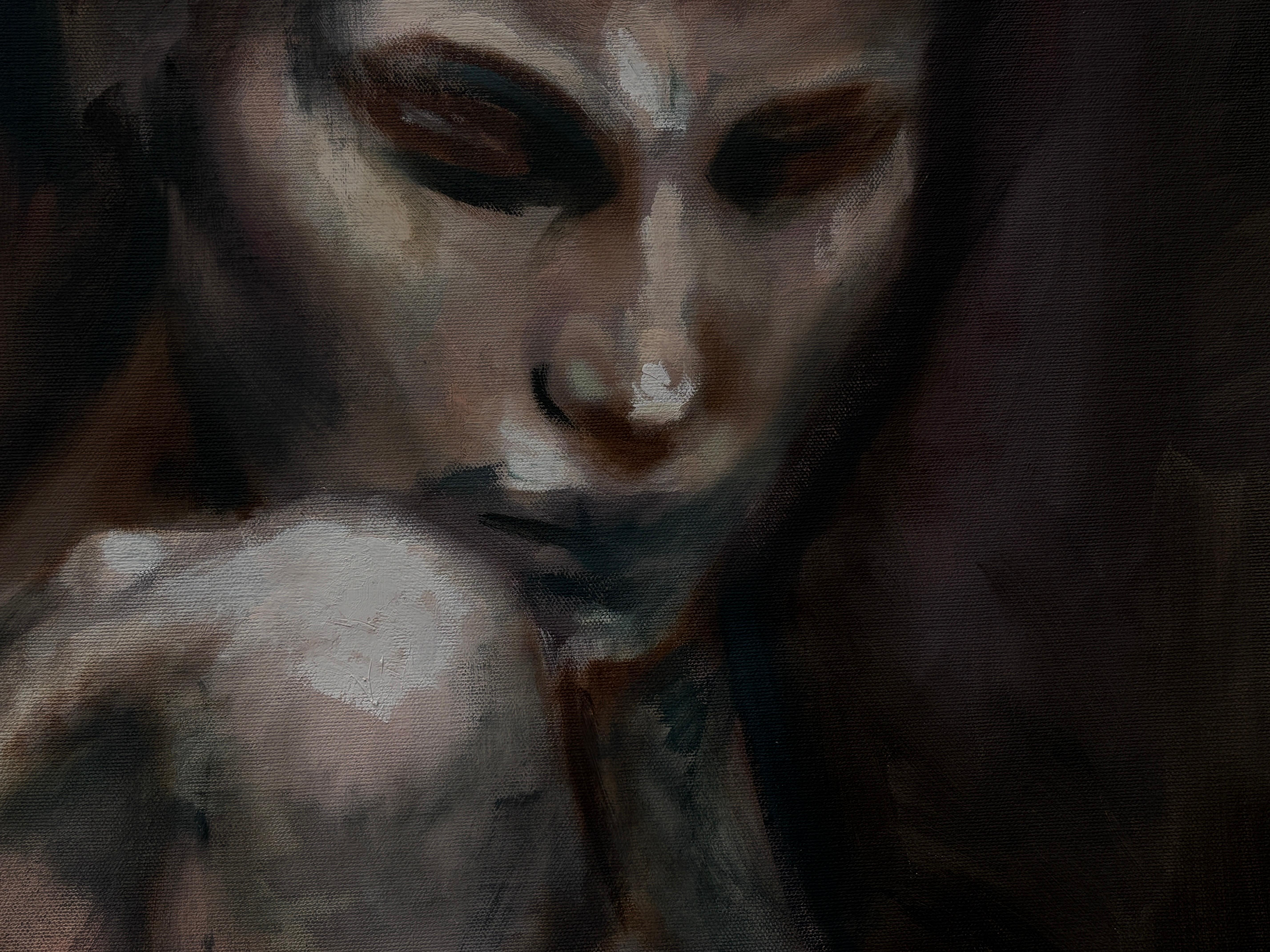 „Ohne Titel“ von Rizaldy Celi Jr. Figuratives Gemälde einer Frau – Dunkles Erdtön-Gemälde einer Frau im Angebot 5