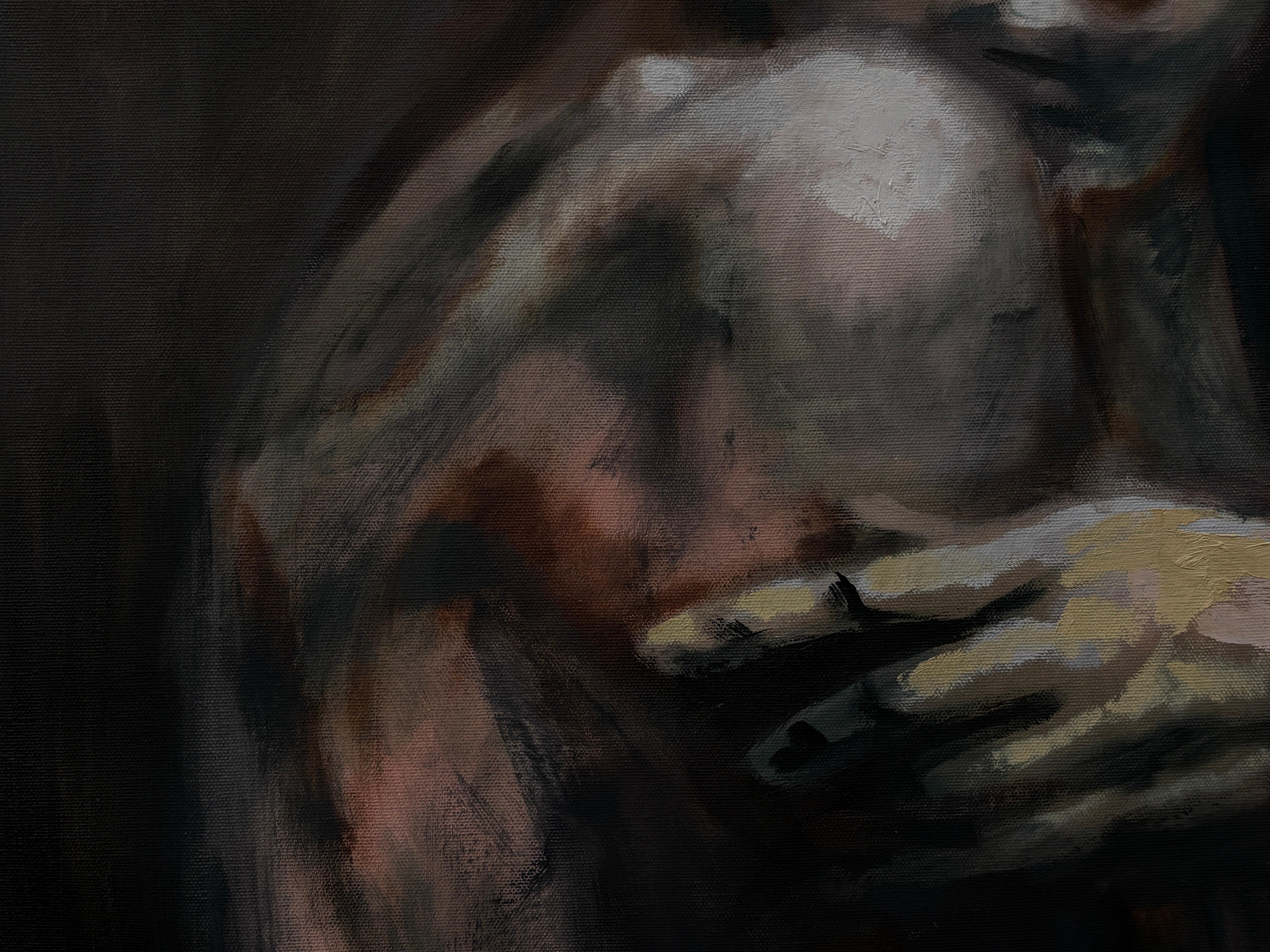 „Ohne Titel“ von Rizaldy Celi Jr. Figuratives Gemälde einer Frau – Dunkles Erdtön-Gemälde einer Frau im Angebot 6