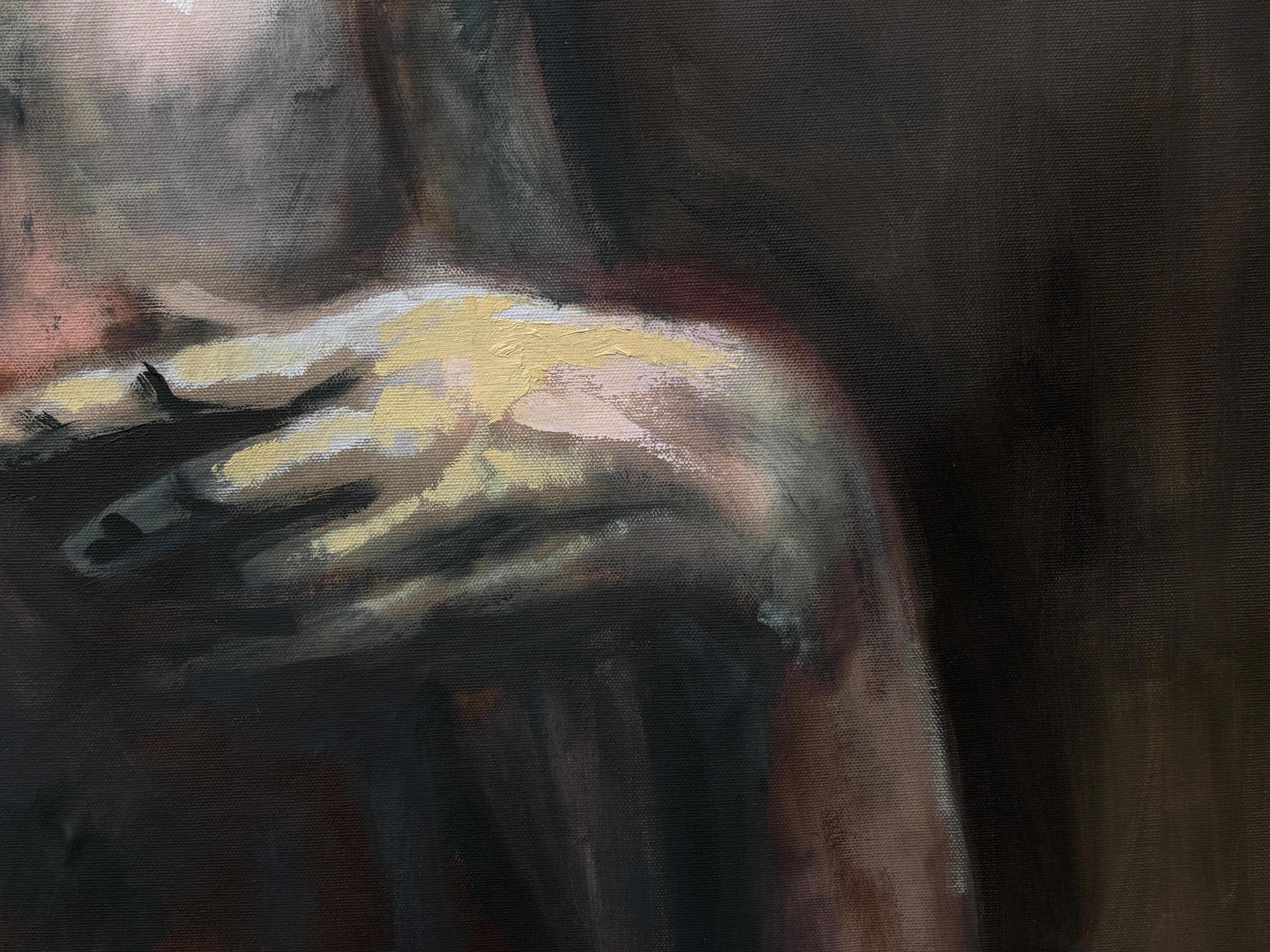 „Ohne Titel“ von Rizaldy Celi Jr. Figuratives Gemälde einer Frau – Dunkles Erdtön-Gemälde einer Frau im Angebot 7