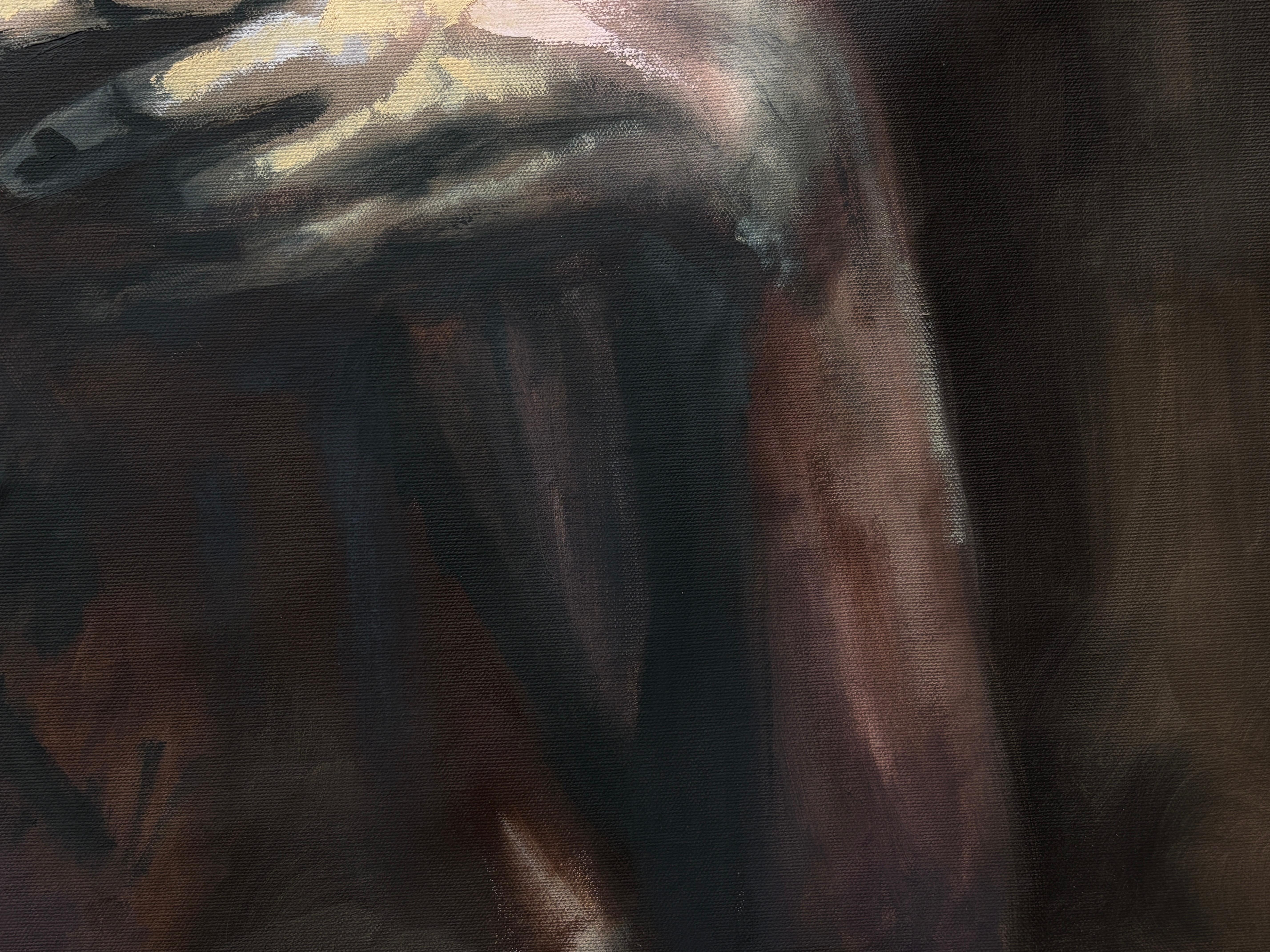 „Ohne Titel“ von Rizaldy Celi Jr. Figuratives Gemälde einer Frau – Dunkles Erdtön-Gemälde einer Frau im Angebot 8