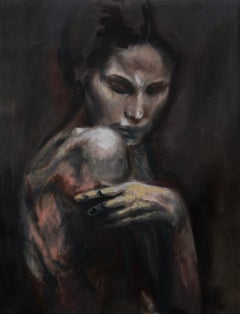 "Untitled" by Rizaldy Celi Jr. - Dark Earth Tone Figurative Painting of a Woman