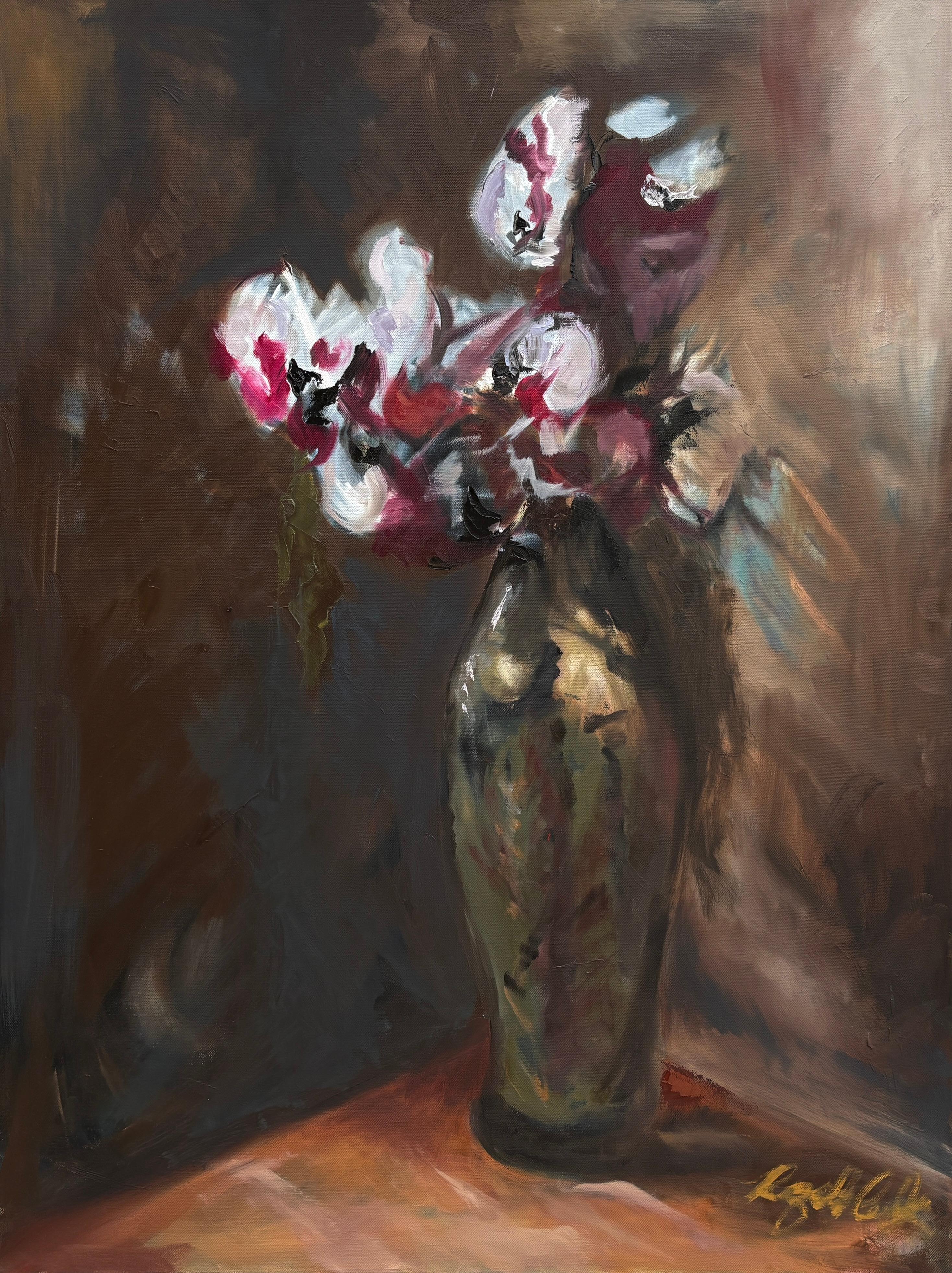 "Sin título" de Rizaldy Celi Jr. - Bodegón Tono Tierra - Flores Blancas y Rojas