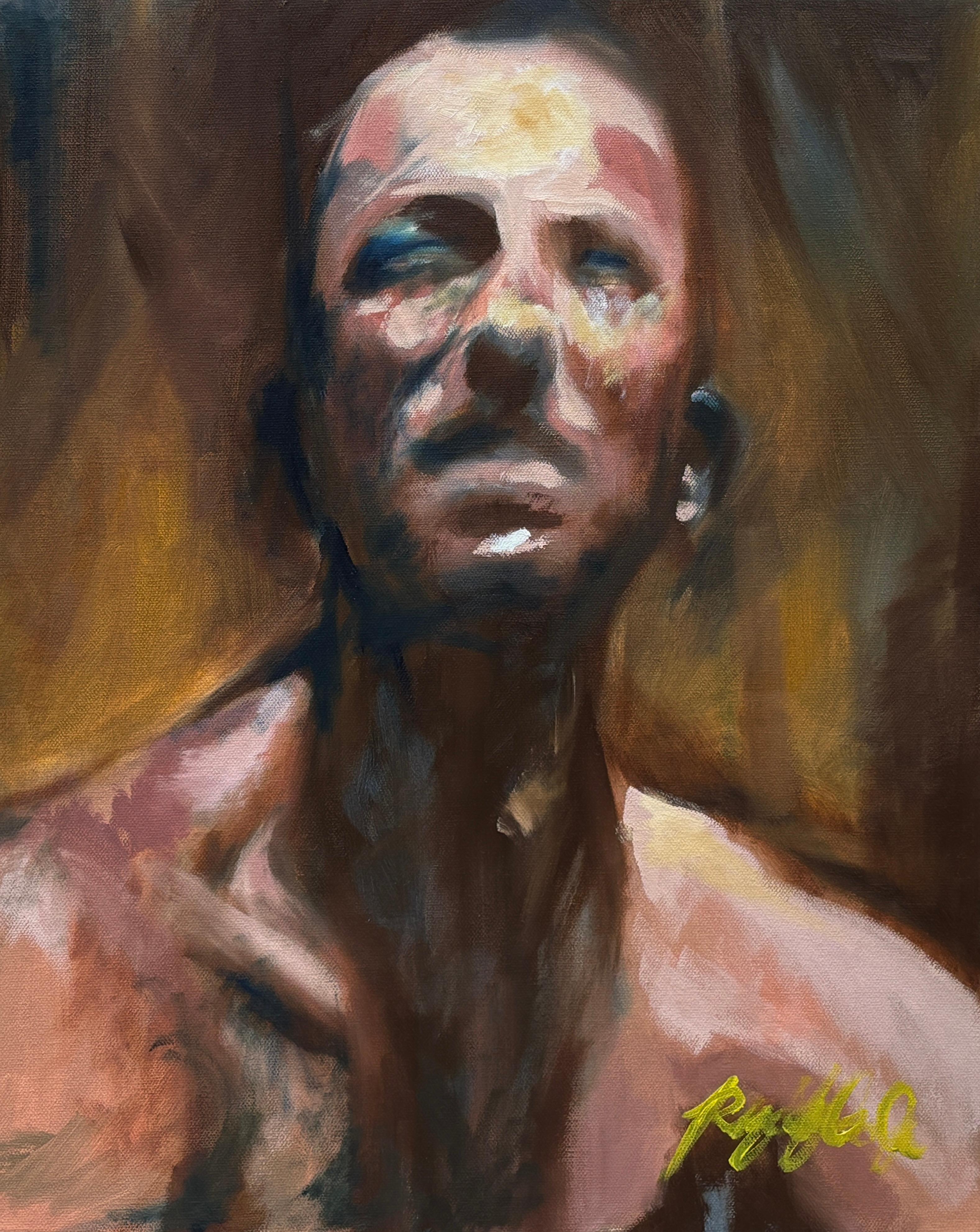Portrait Painting di Rizaldy Celi Jr. - "Senza titolo" di Rizaldy - Ritratto figurativo maschile contemporaneo nei toni della terra