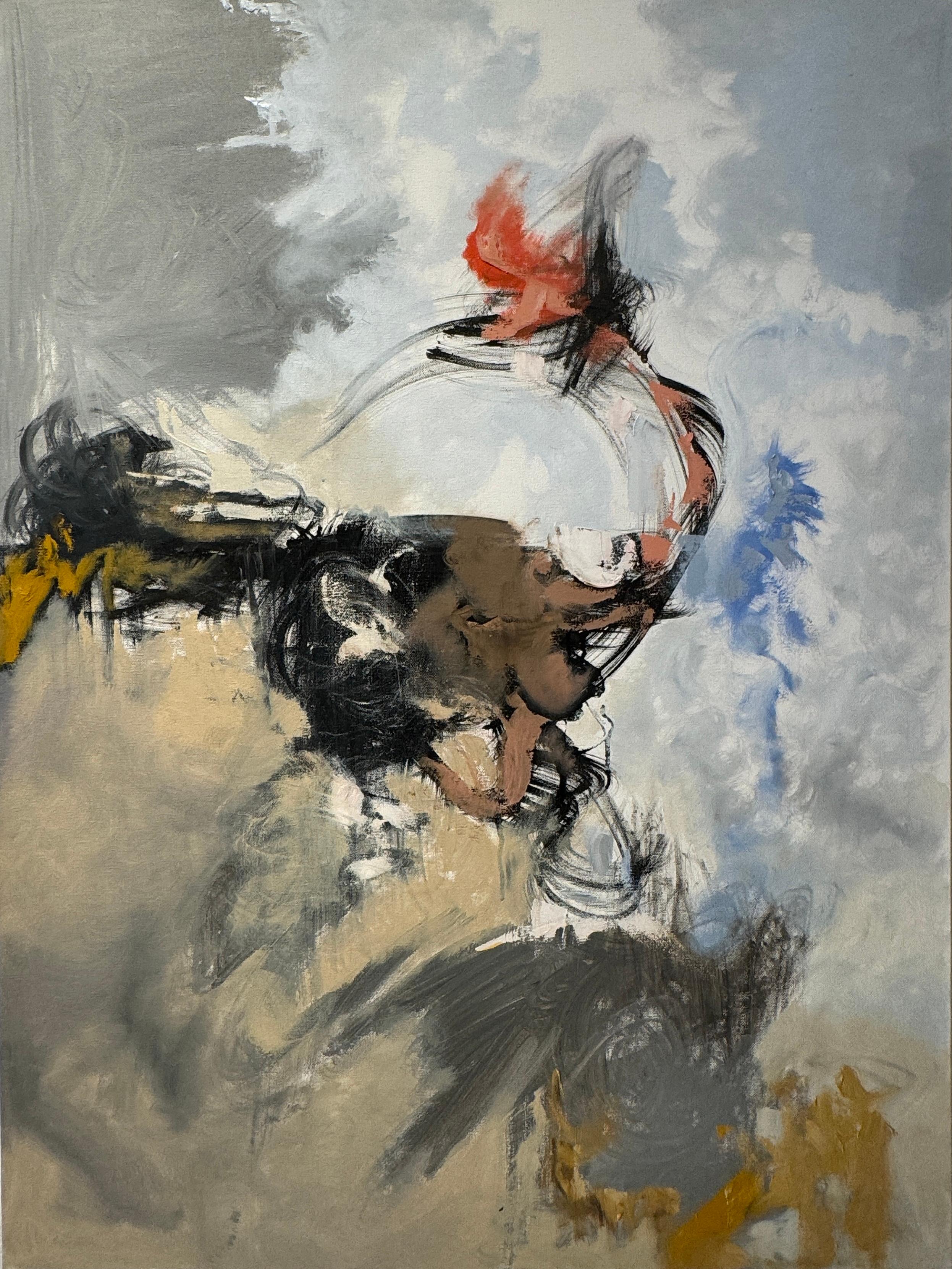 'Death of the Ego' by Rizaldy - Dreamlike Abstract - Red, Black, Ochre, Blue - Painting by Rizaldy Celi Jr.