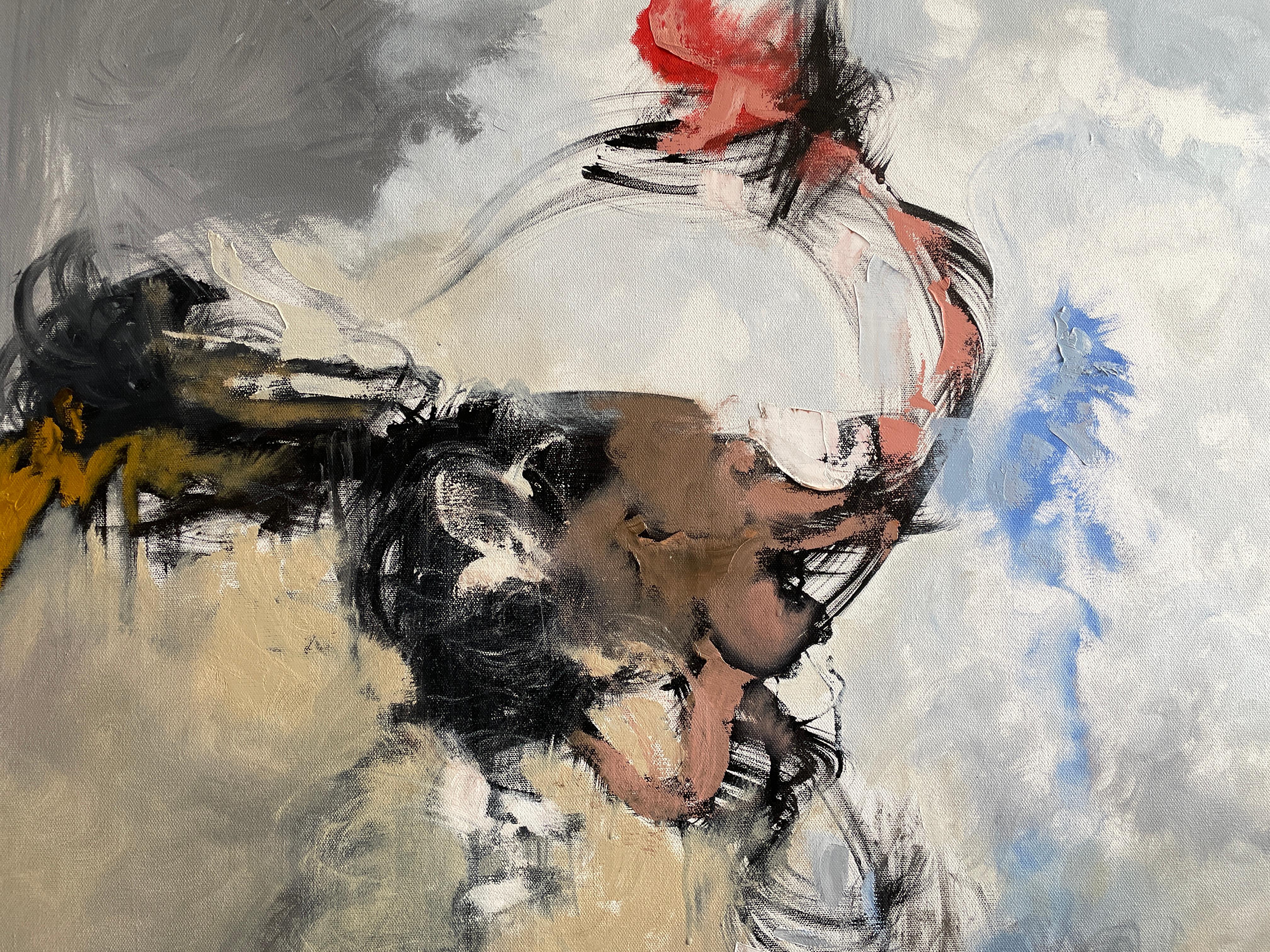 'Death of the Ego' by Rizaldy - Dreamlike Abstract - Red, Black, Ochre, Blue - Gray Abstract Painting by Rizaldy Celi Jr.