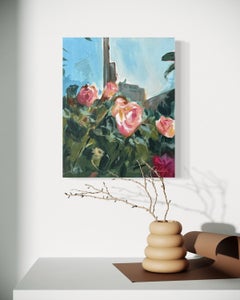 "Untitled" - Modern Still-Life Oil Painting of` Blooming Flowers with a Blue Sky