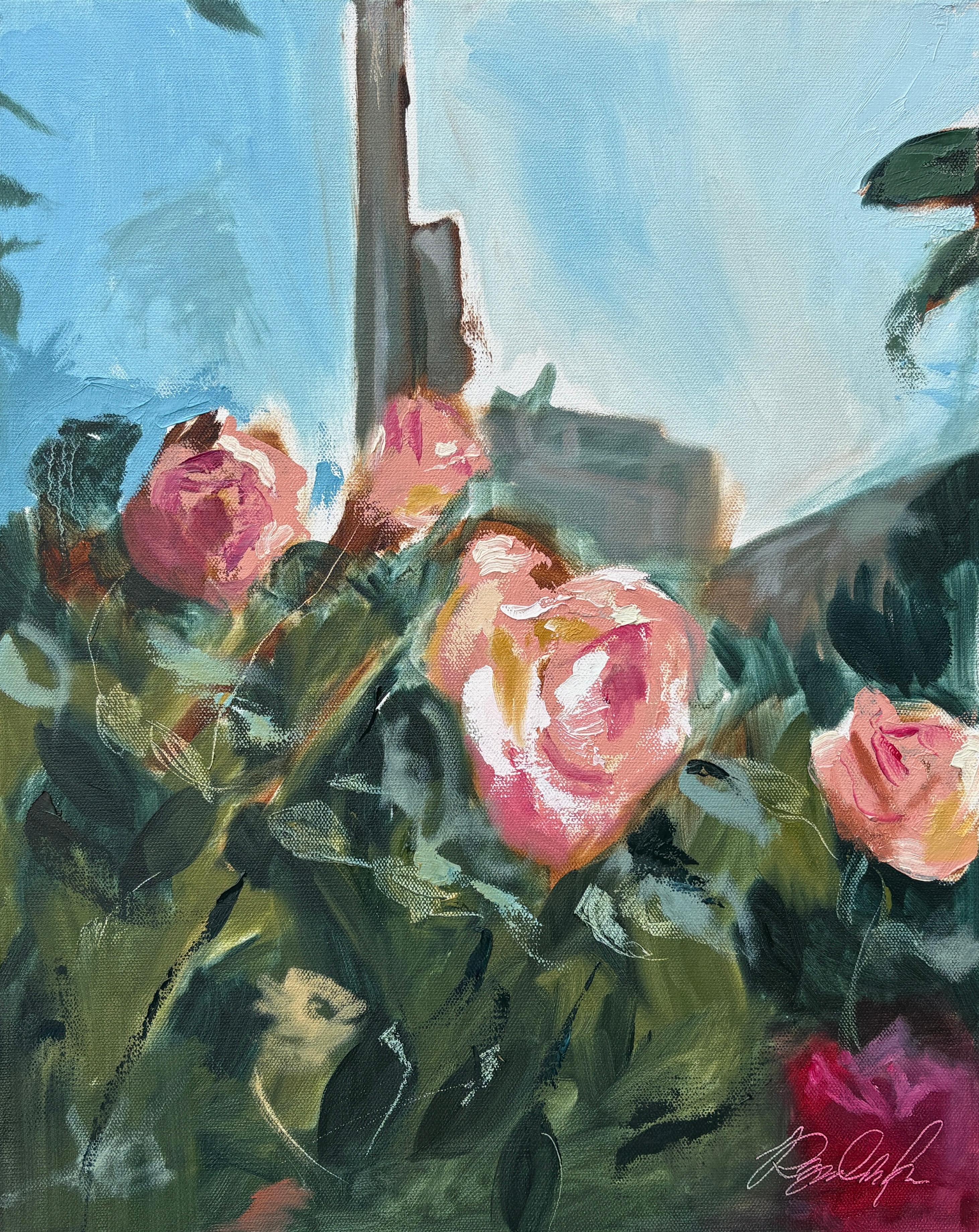 „Ohne Titel“ von Rizaldy – Kleines Interieur-Stillleben mit rosa Blumen und blauem Himmel