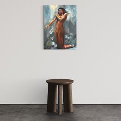 "Volley", Realismo contemporáneo Desnudo figurativo, Mujer de rodillas con flores