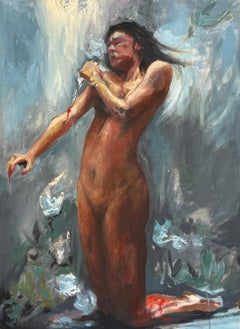 "Volley", Contemporary Realism Figurative Nude, Woman on her Knees with Flowers