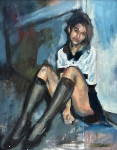 "When She Was Around" - Contemporary Realism of a Woman in Blue and Earth Tones