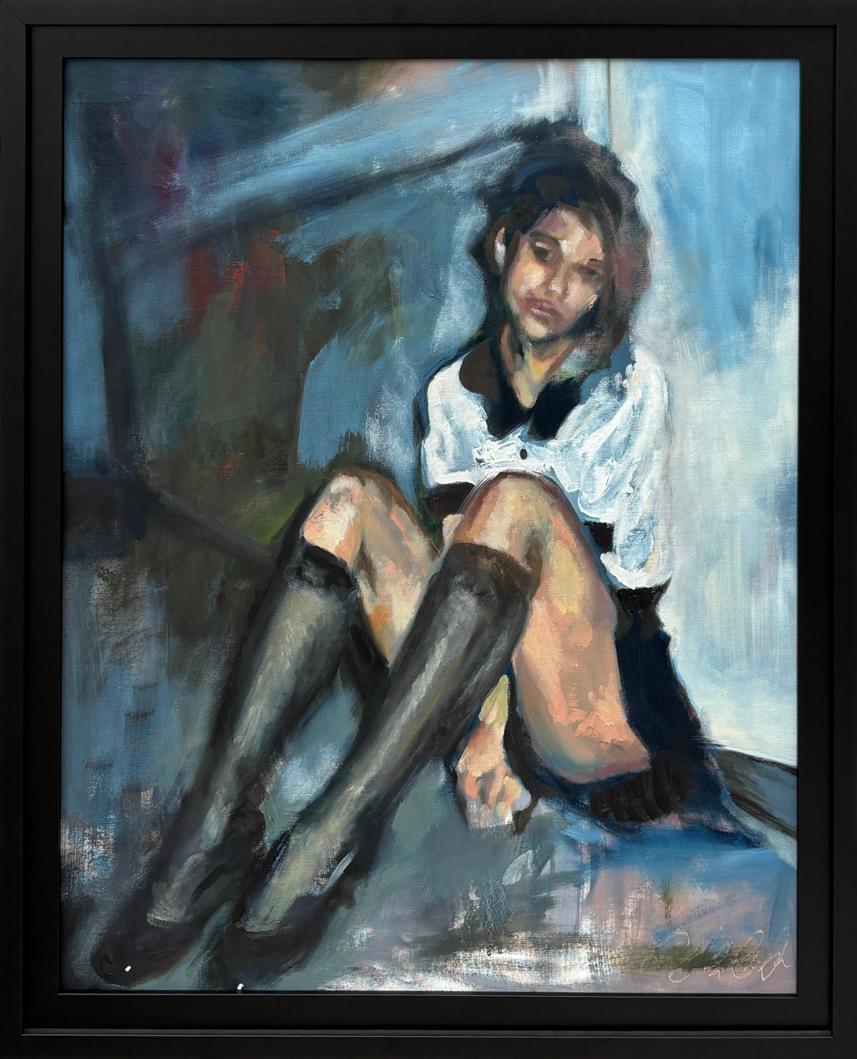"When She Was Around" by Celi Jr - Realist Pensive Young Woman in White Painting