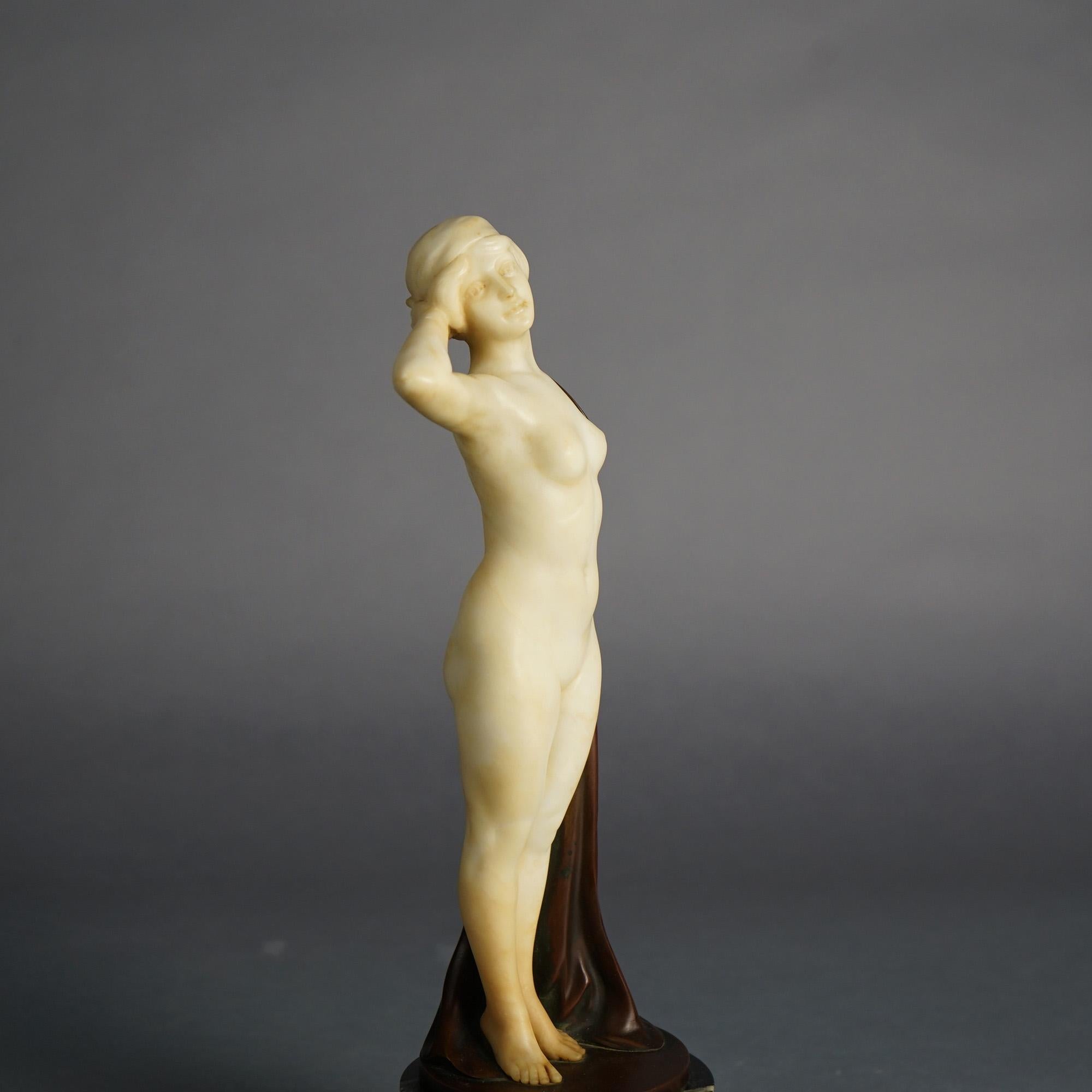 Art Deco Rizec Signed Alabaster Bronze & Marble Sculpture of a Woman in Outdoor Setting by Schumacher C1920

Measures- 14.5''H x 5''W x 4.5''D