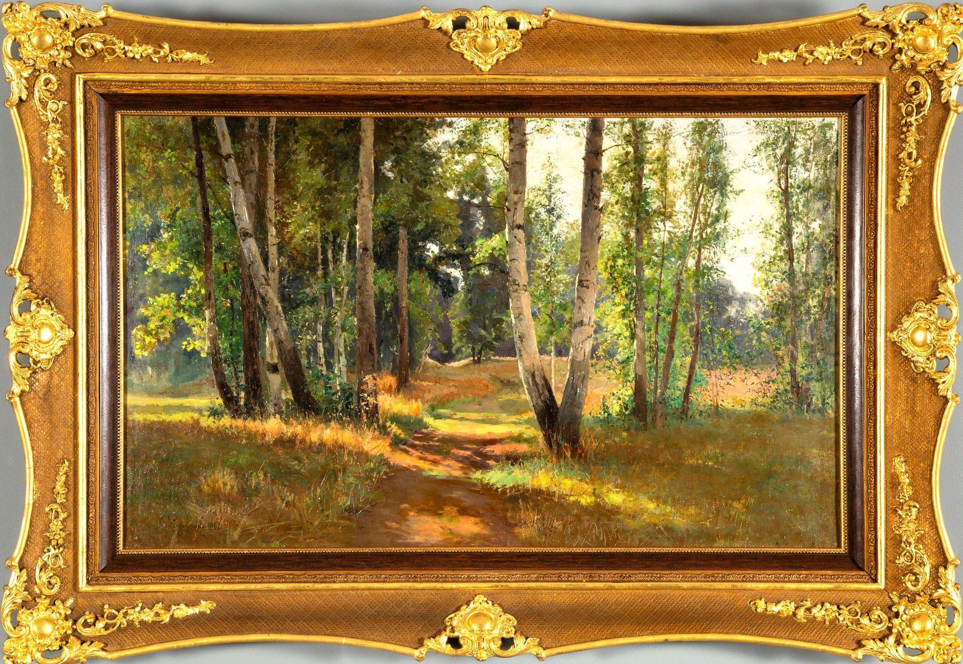 Vue d'un sous bois, tableau daté 1901, huile sur toile de Feodor Petrovich Rizni - Brown Landscape Painting by Riznischenko Feodor Petrovich