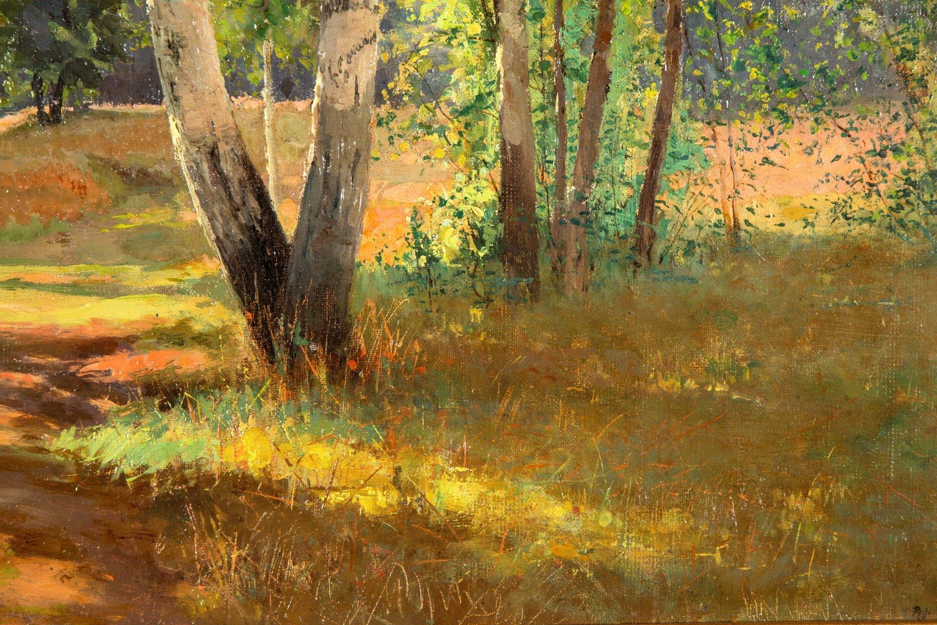 Vue d'un sous bois, tableau daté 1901, huile sur toile de Feodor Petrovich Rizni For Sale 6