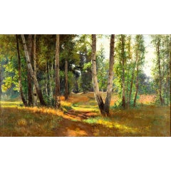 Vintage Vue d'un sous bois, tableau daté 1901, huile sur toile de Feodor Petrovich Rizni