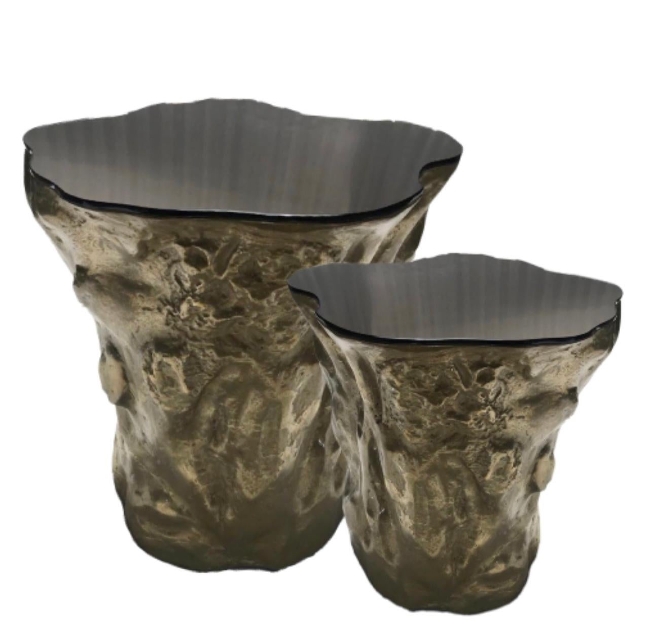 Indian Rizo Strom Editions Coffee Table Set in Molten Patina-Brass and Metallic Glass For Sale