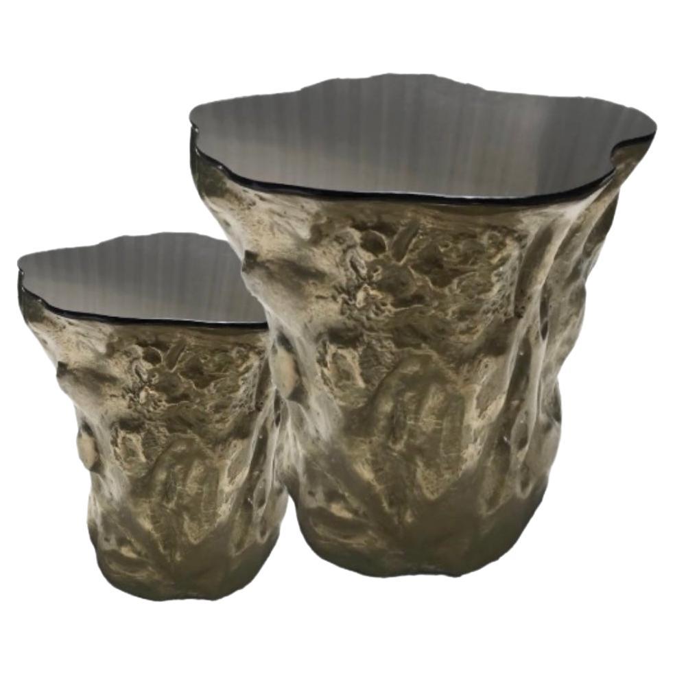Rizo Strom Editions Coffee Table Set in Molten Patina-Brass and Metallic Glass For Sale