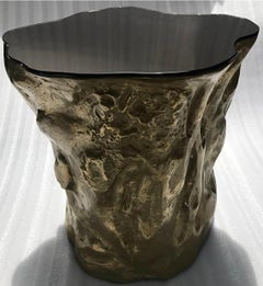 Table d'appoint Rizo Strom Editions en métal vieilli et verre métallique