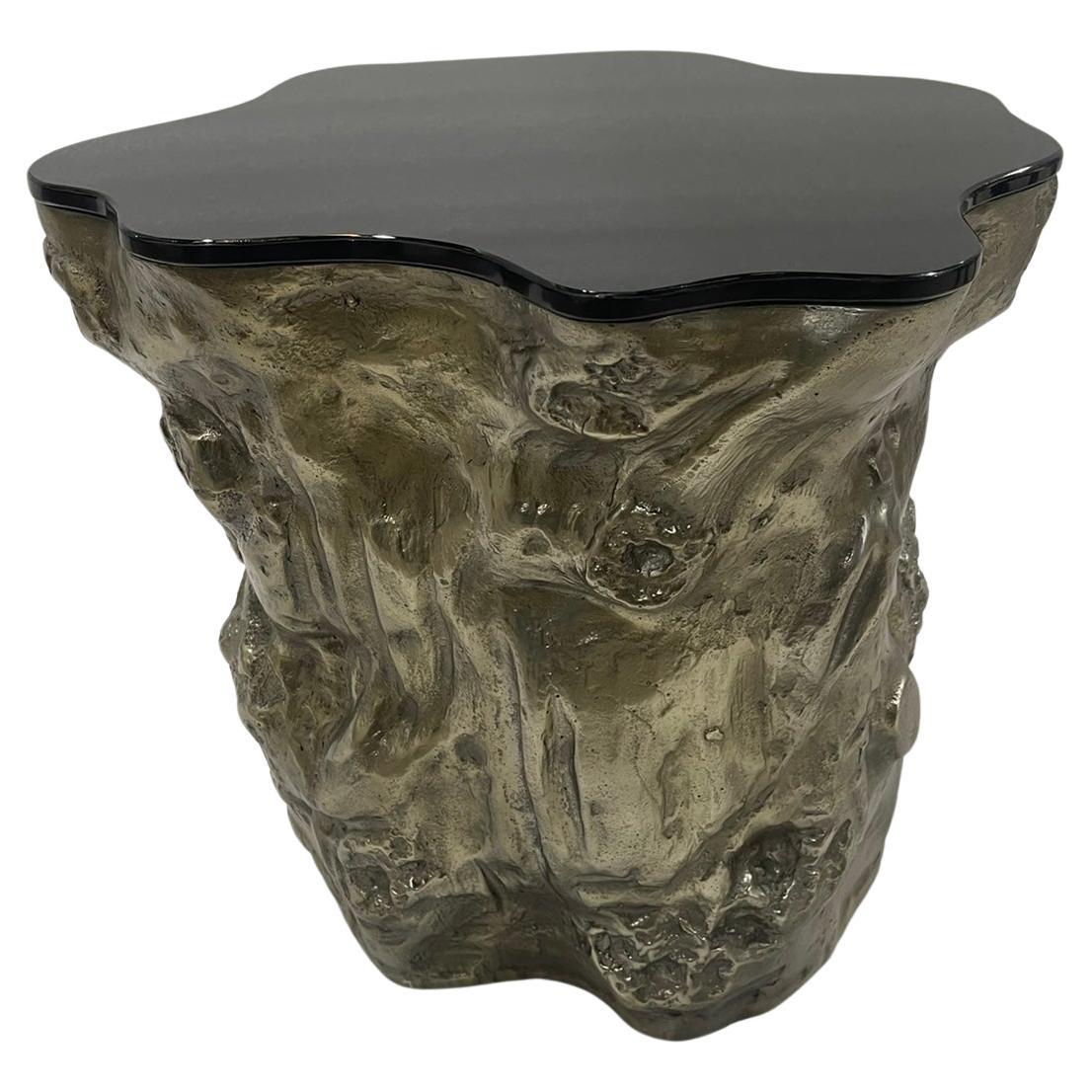 Rizo Strom Editions Side Table in Molten Patina-Brass and Metallic Glass For Sale