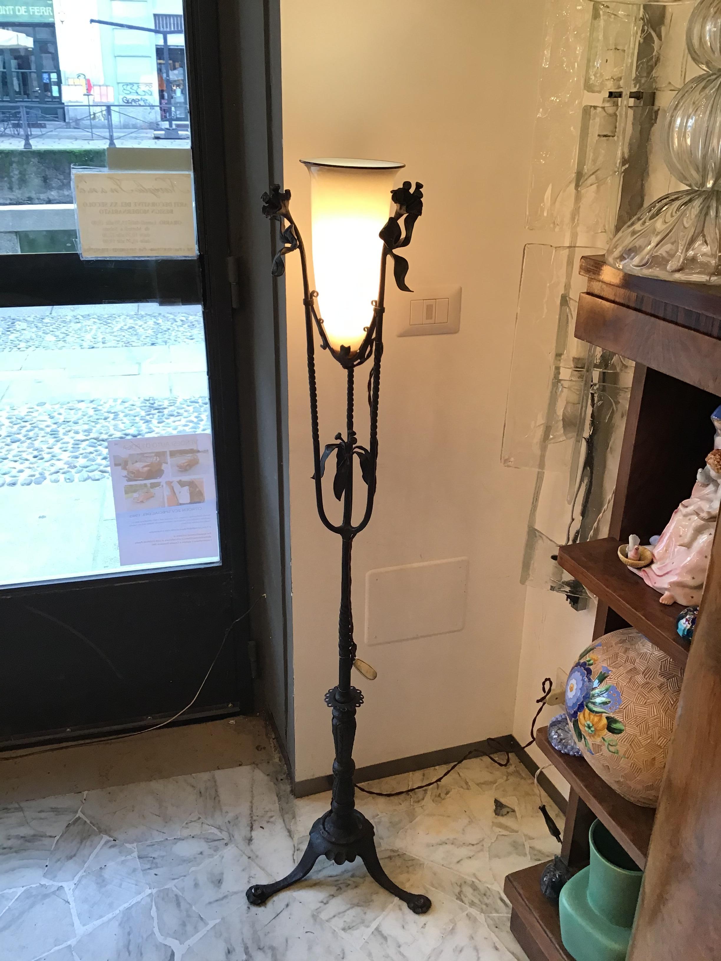 Italian Rizzarda Floor Lamp Wrought Iron Murano Glass, 1930, Italy For Sale