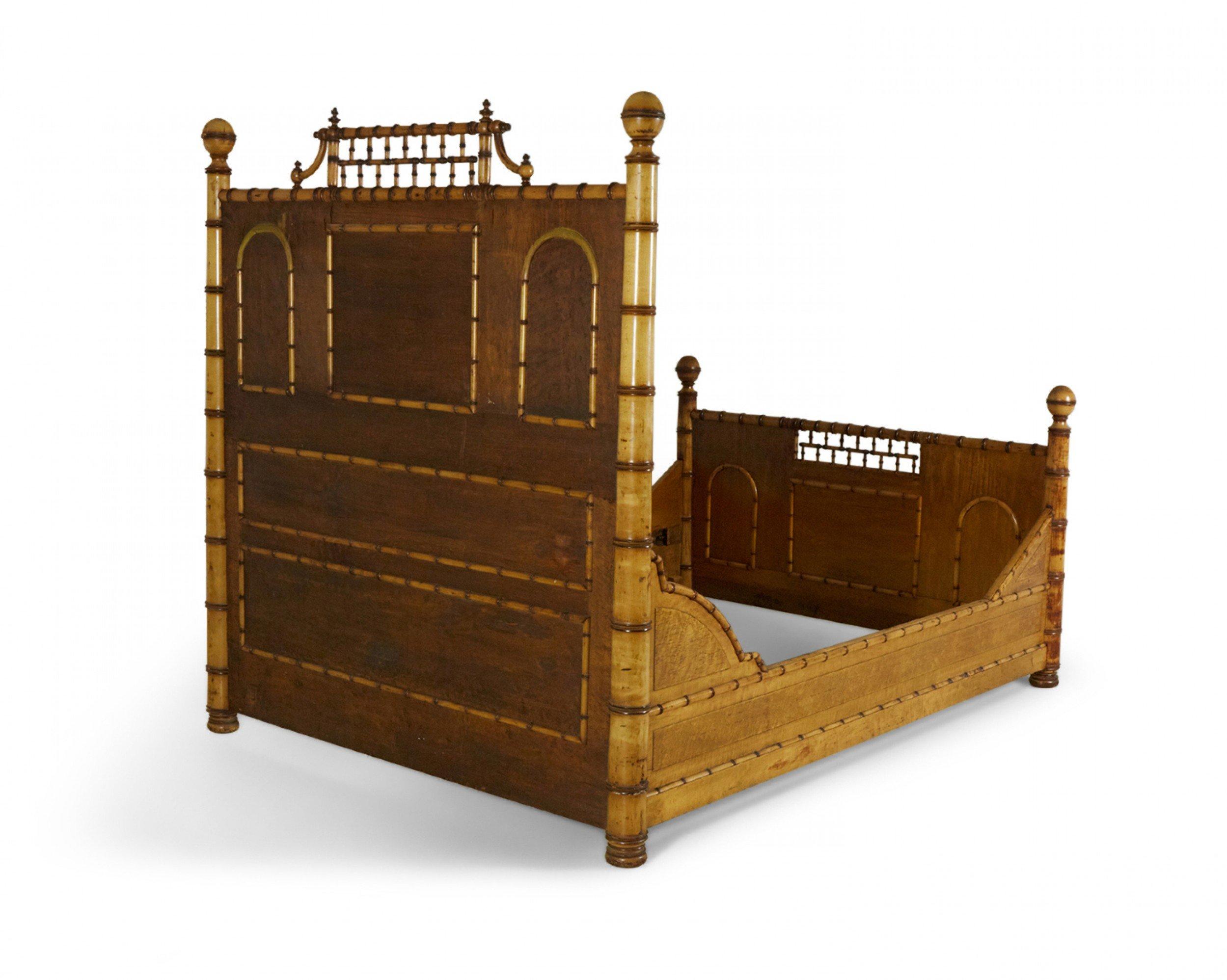 19th Century R.J. Horner Aesthetic Movement Faux Bamboo Birdseye Maple Full Bed For Sale