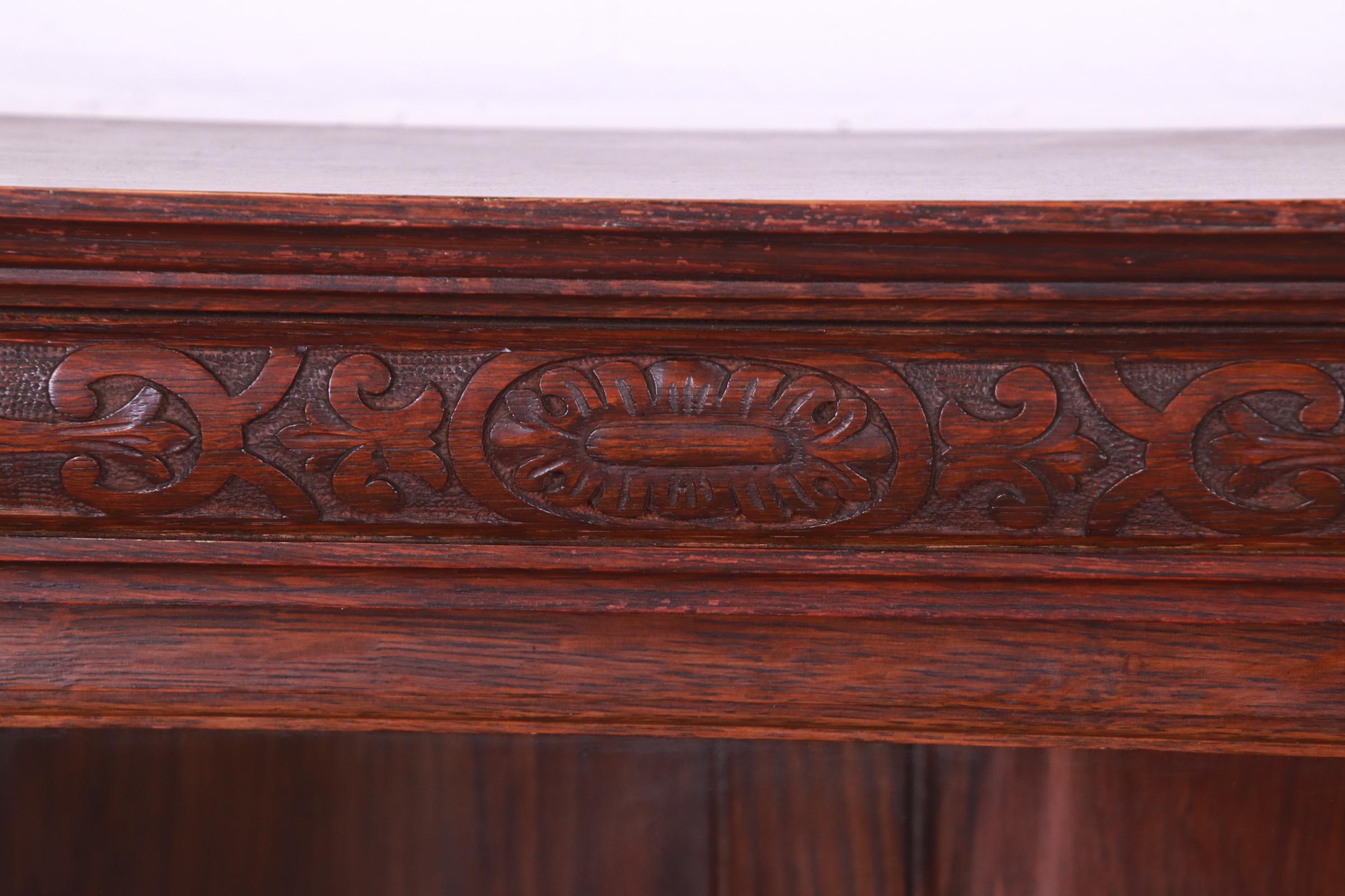 R.J. Horner Antique Renaissance Revival Carved Oak Glass Front Triple Bookcase 5