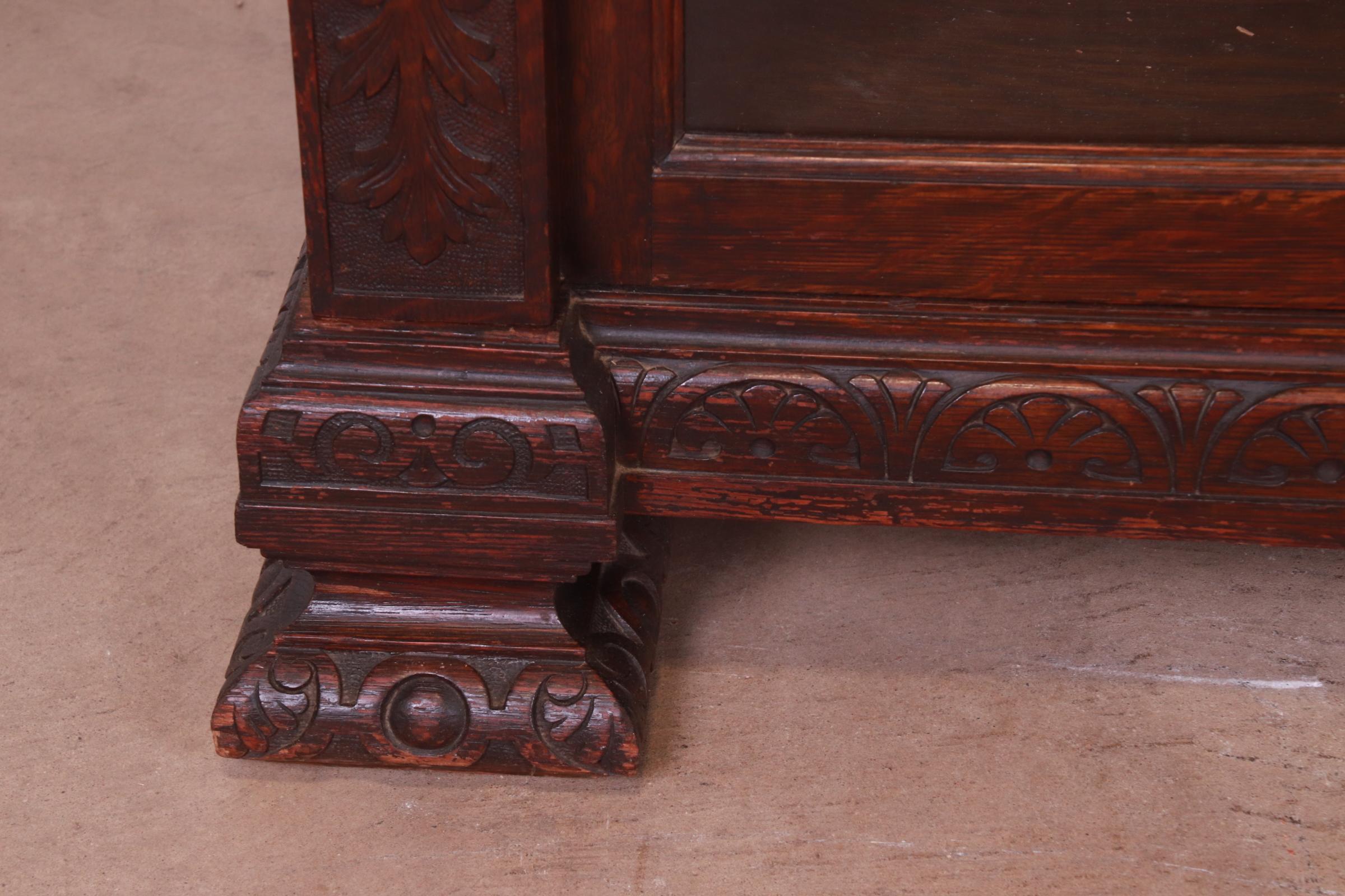 R.J. Horner Antique Renaissance Revival Carved Oak Glass Front Triple Bookcase 6