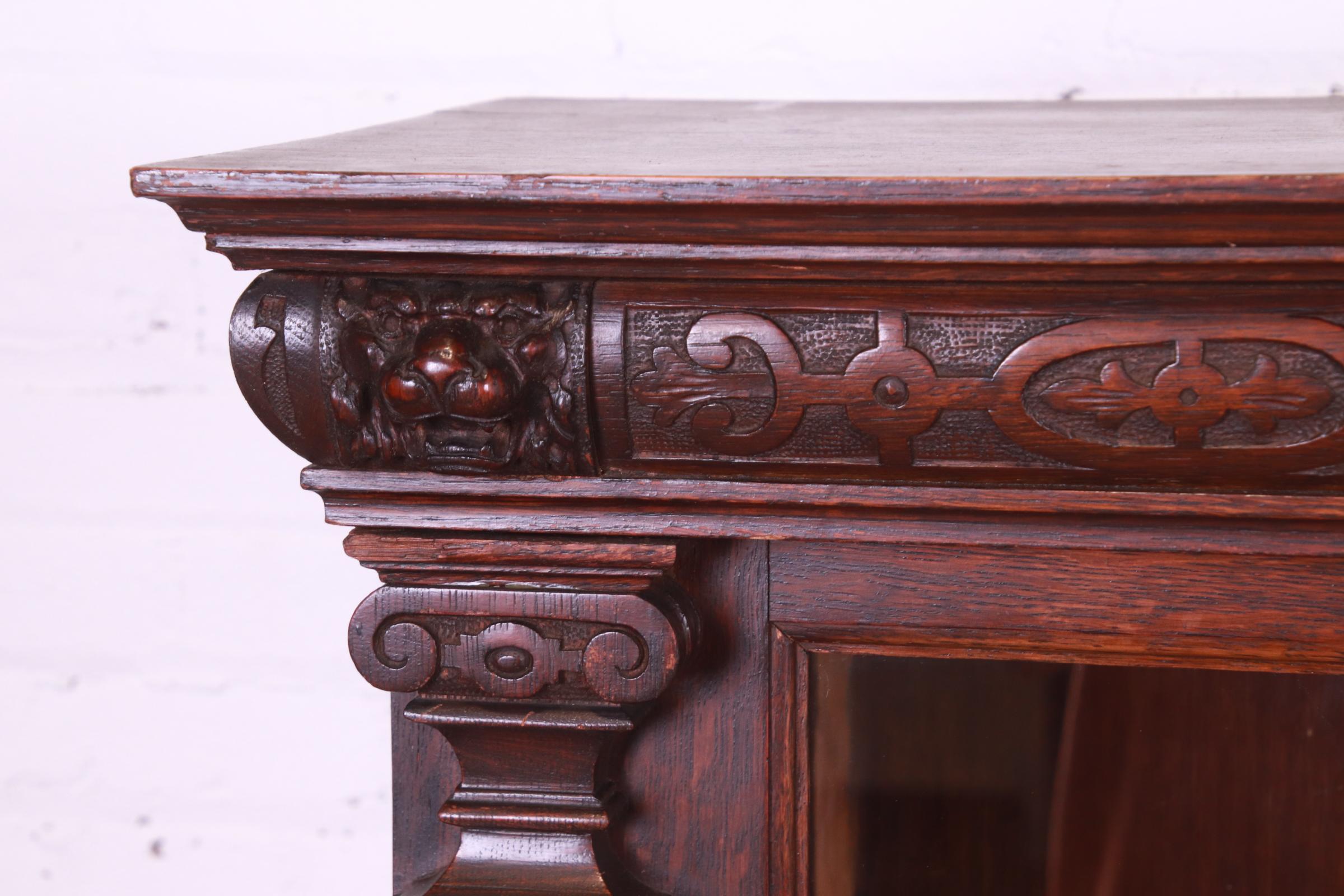 R.J. Horner Antique Renaissance Revival Carved Oak Glass Front Triple Bookcase 4