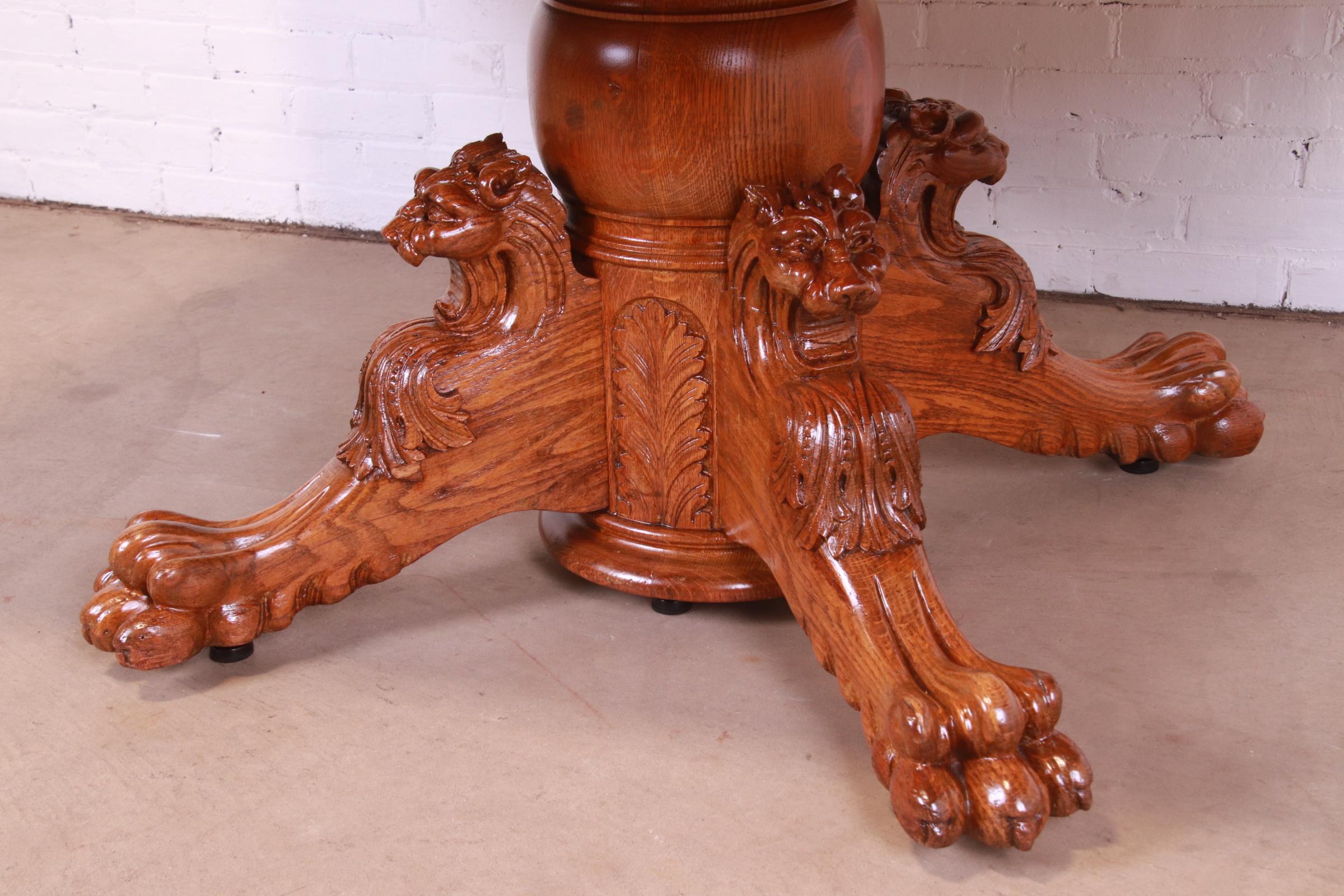 R.J. Horner Antique Victorian Oak Pedestal Dining Table with Carved Lions For Sale 5