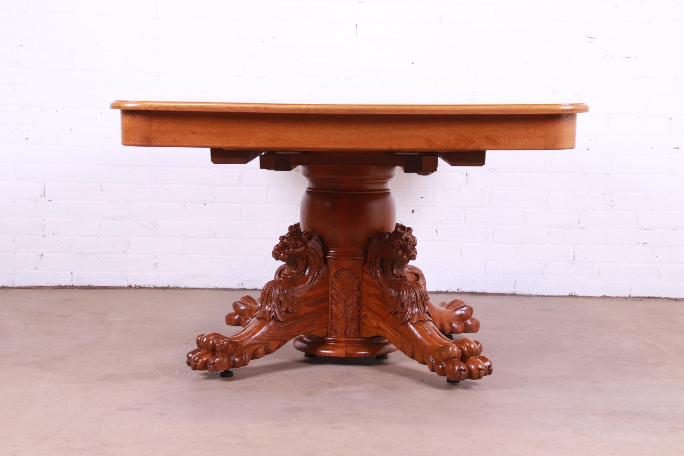 R.J. Horner Antique Victorian Oak Pedestal Dining Table with Carved Lions For Sale 15