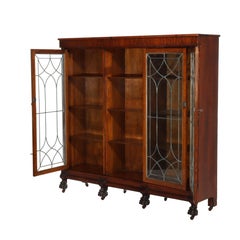 RJ Horner Arts & Crafts Oak & Leaded Glass 3-Door Claw Foot Bookcase c1920
