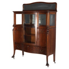 RJ Horner (attr.) Figural Carved Oak Server, Griffins & Full Serpentine Glass