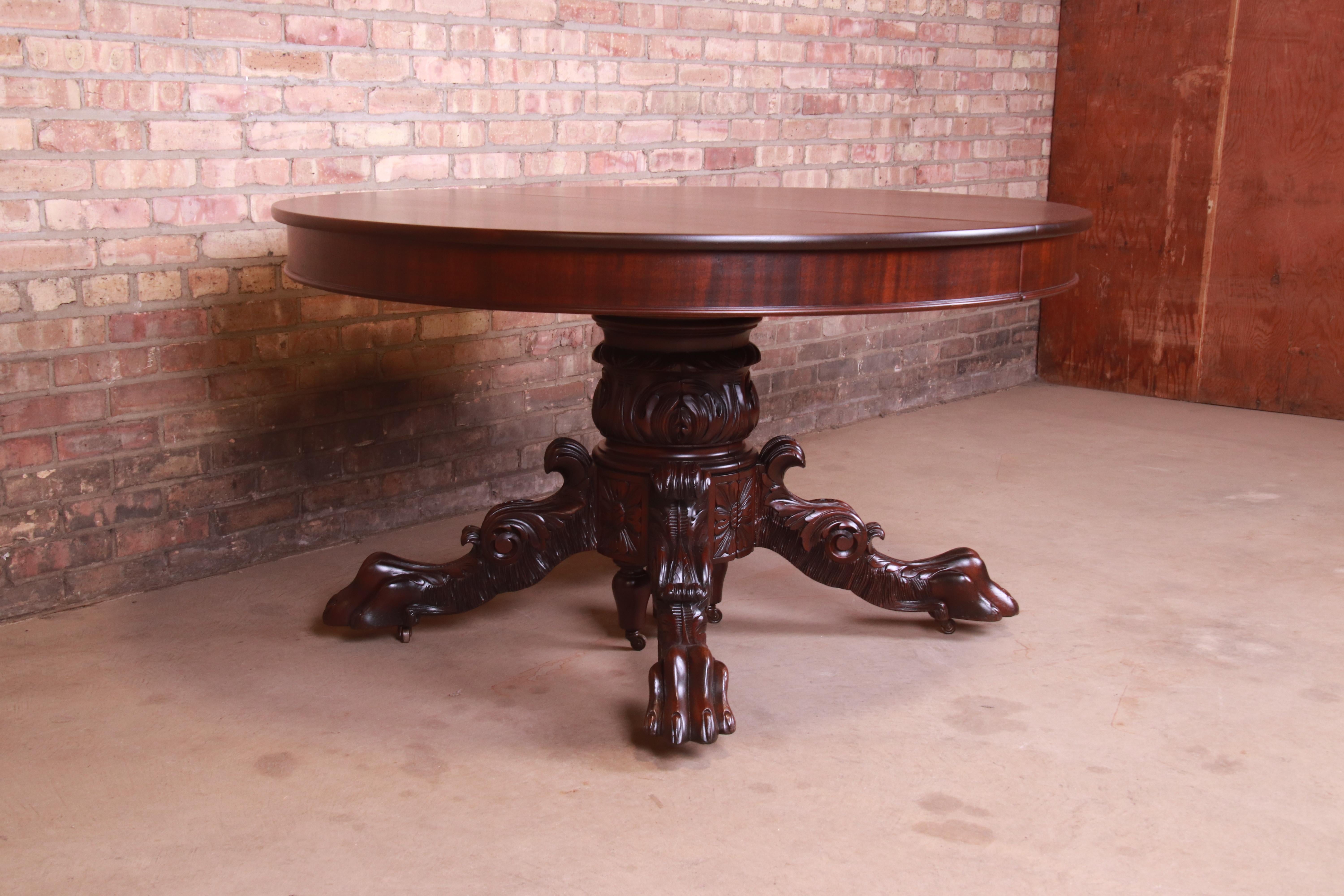 American R.J. Horner Attributed Antique Ornate Carved Mahogany Extension Dining Table