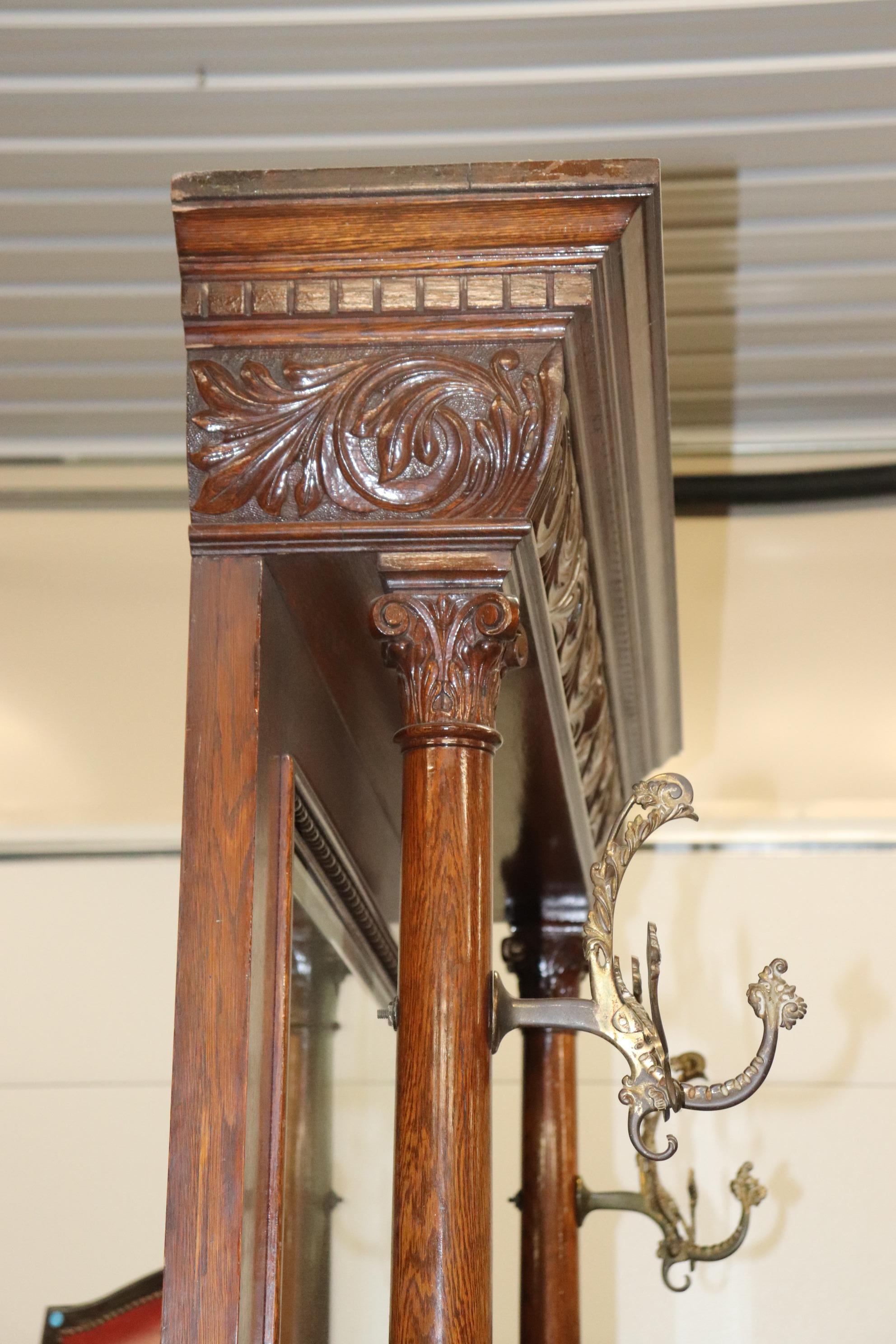 R.J. Horner Carved Tiger Oak Winged Griffin Hall Mirror Bench with Storage 1