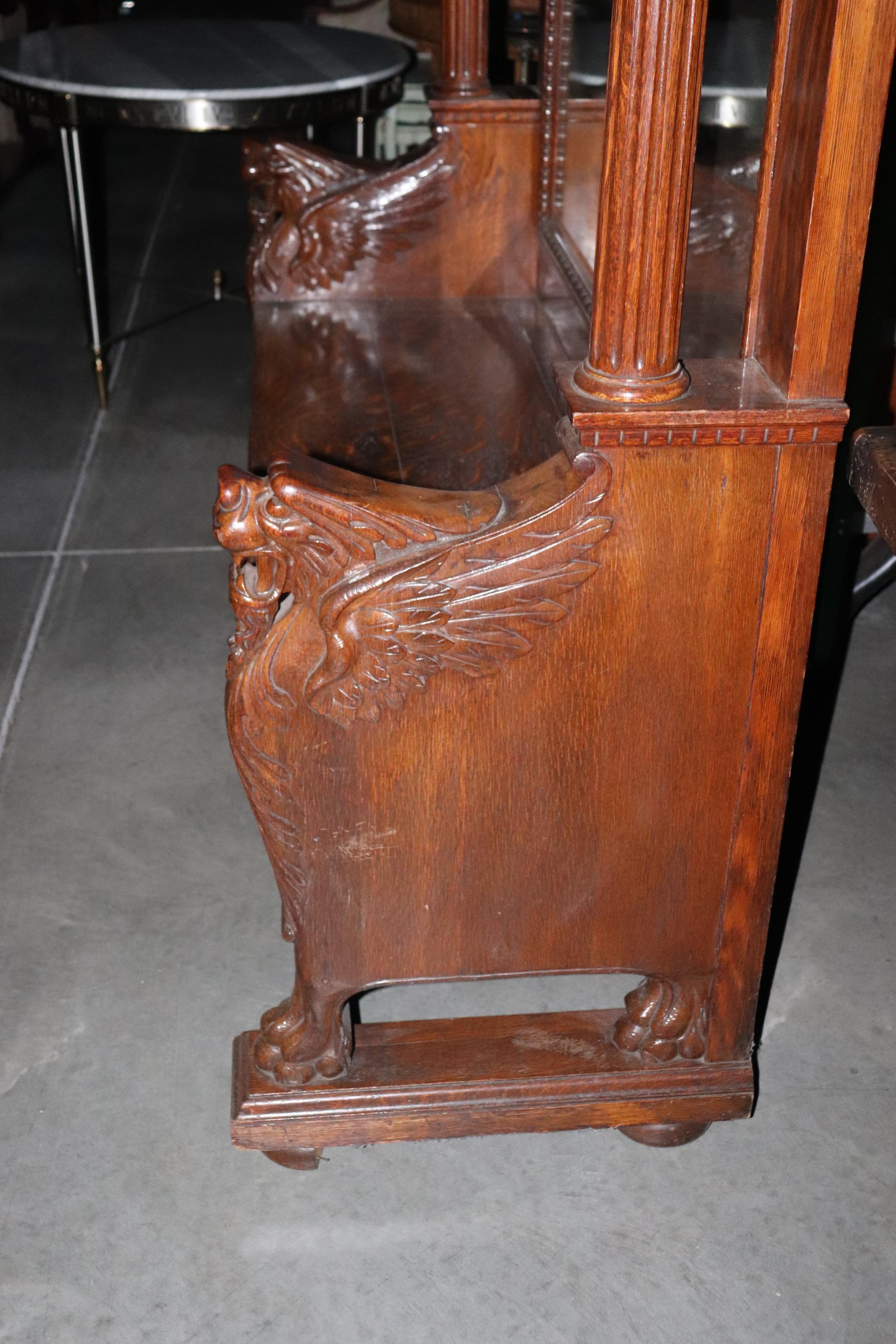 High Victorian R.J. Horner Carved Tiger Oak Winged Griffin Hall Mirror Bench with Storage