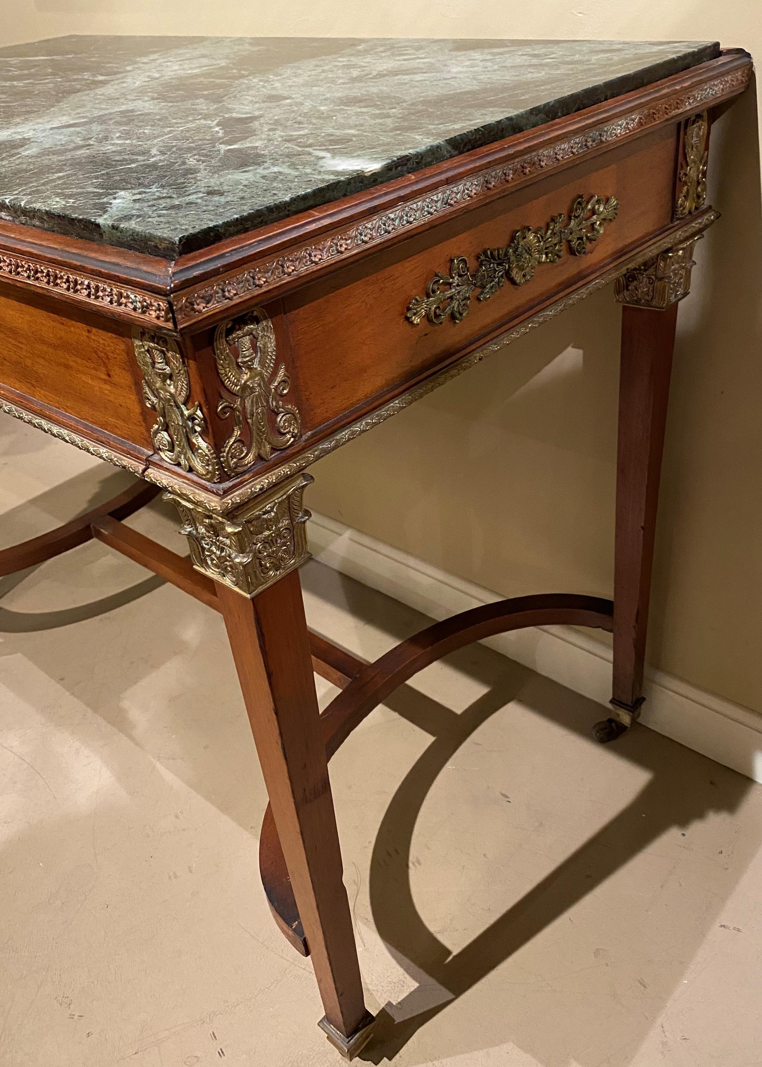 Hand-Carved RJ Horner & Co French Marble Top One-Drawer Writing Table with Ormolu For Sale